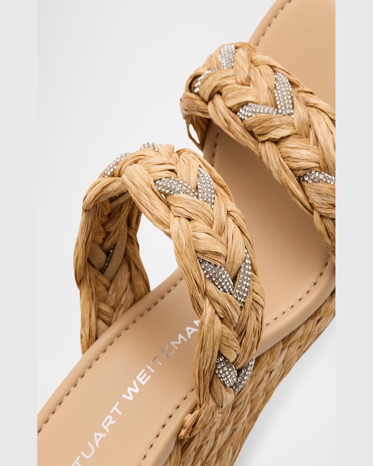 Stuart Weitzman Lana Raffia Crystal Wedge Slide Sandals In Natural
