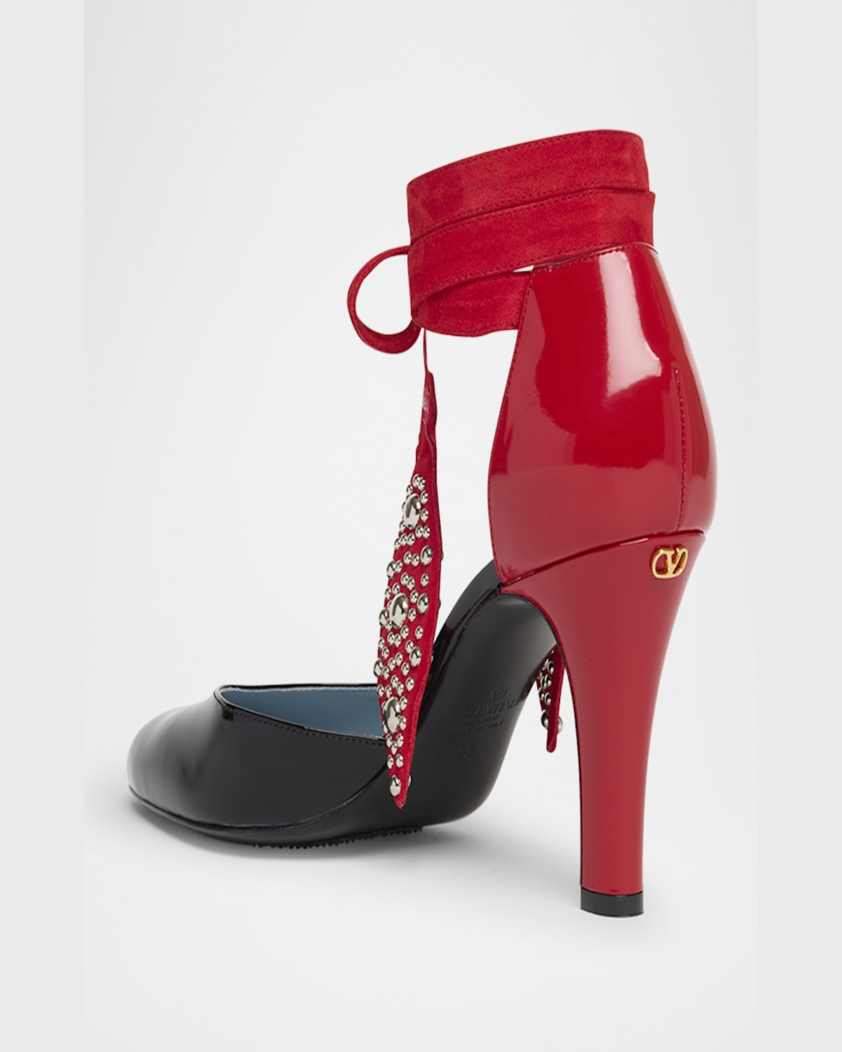 Shop Valentino Bicolor Studded Mixed Leather Ankle-wrap Pumps In Nero Rogue