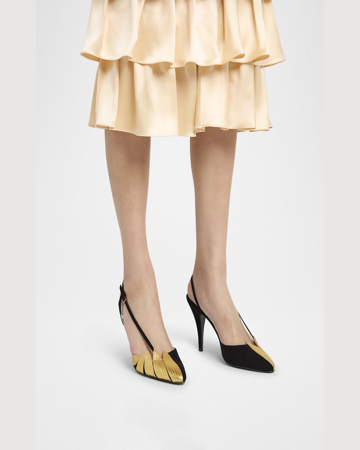 Shop Valentino Foliage Slingback Pumps In Nero/old Gold