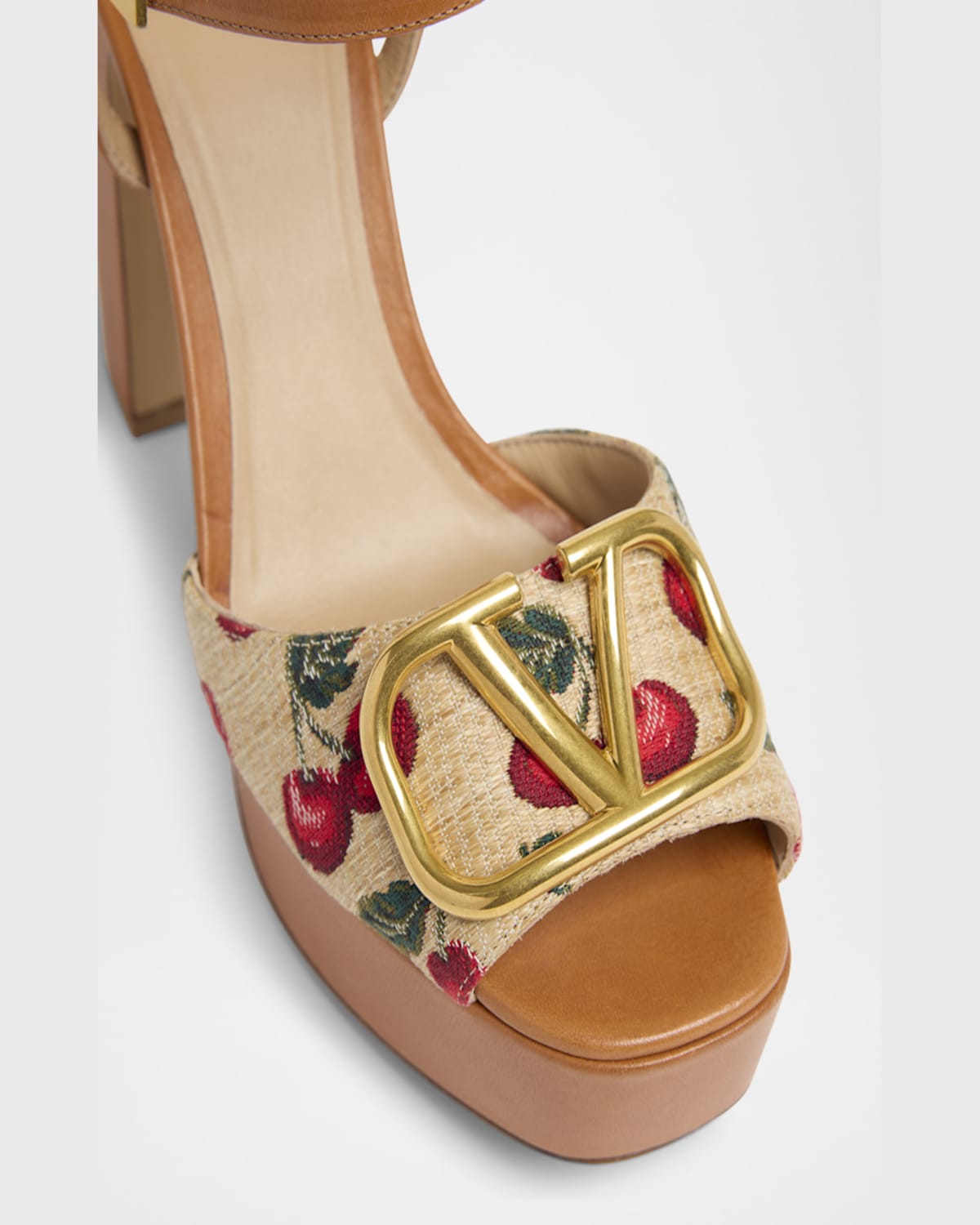 Valentino Cherry-embroidered Raffia Platform Sandals In Brown