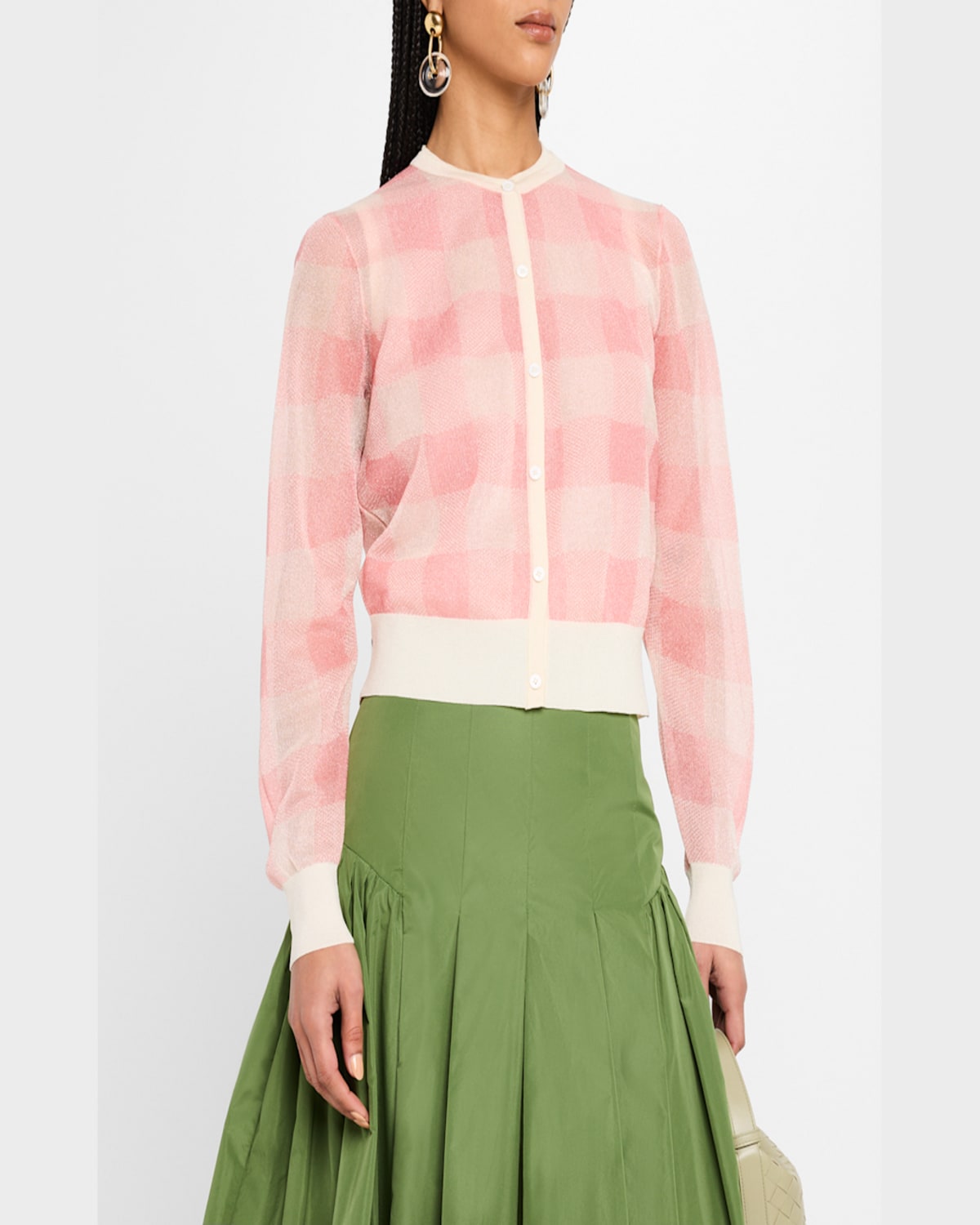 LELA ROSE CHECK CREWNECK CARDIGAN