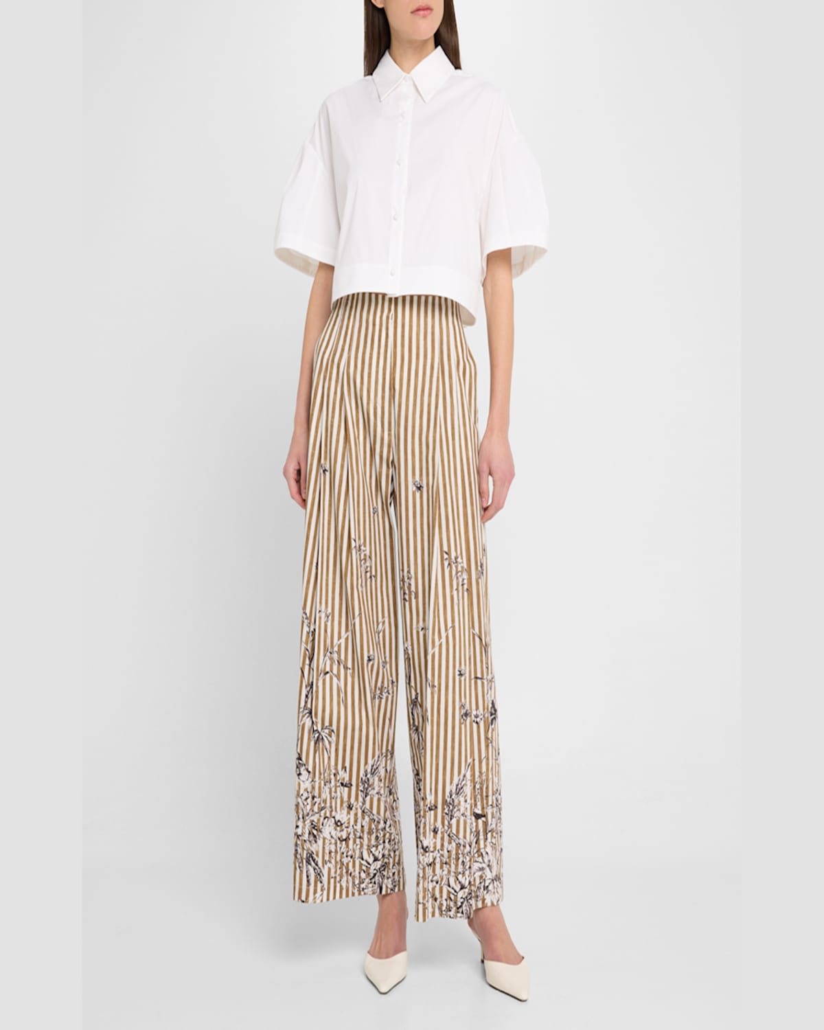 Lela Rose Short-sleeve Crop Button-down Shirt In Ivory
