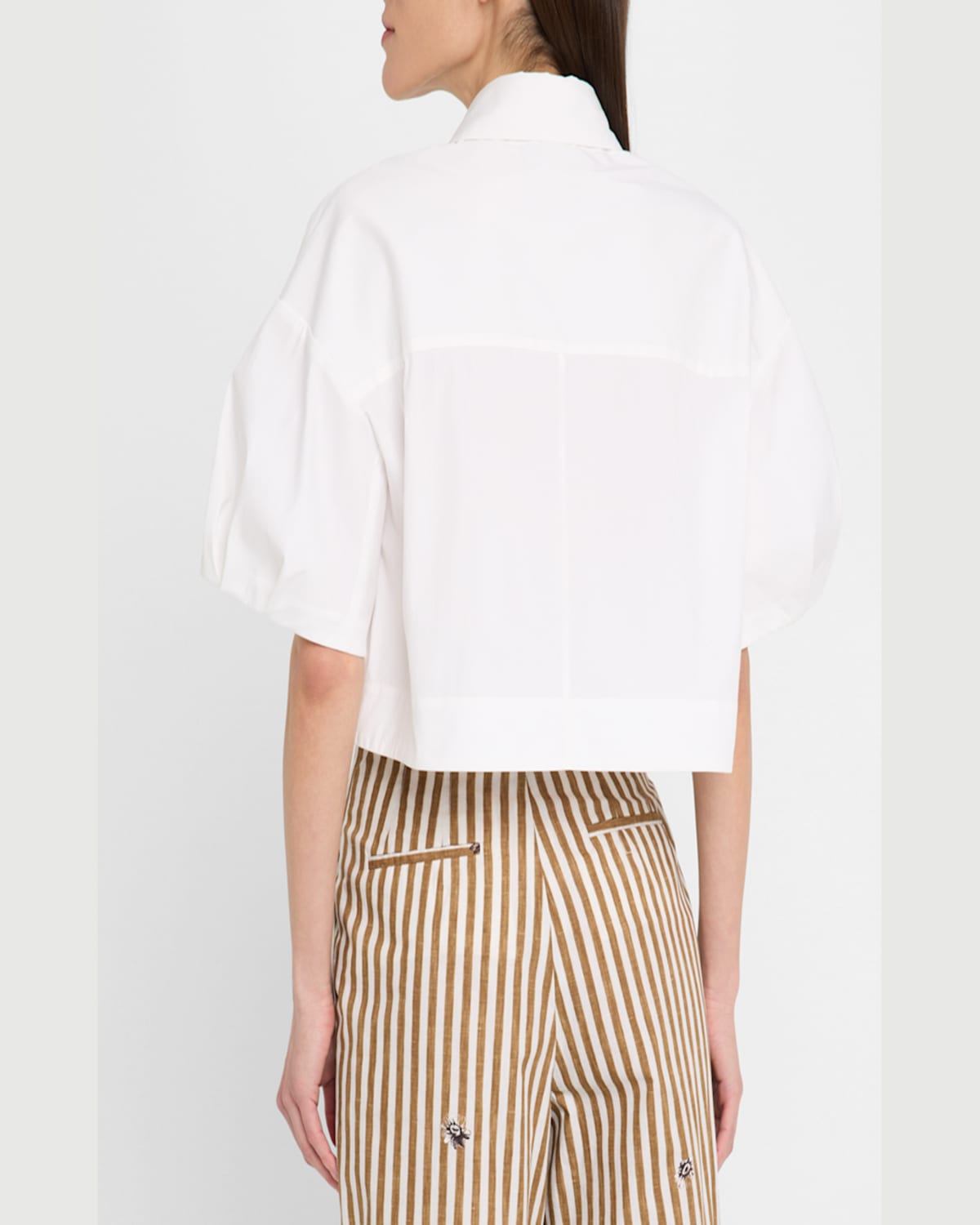 Lela Rose Short-sleeve Crop Button-down Shirt In Ivory