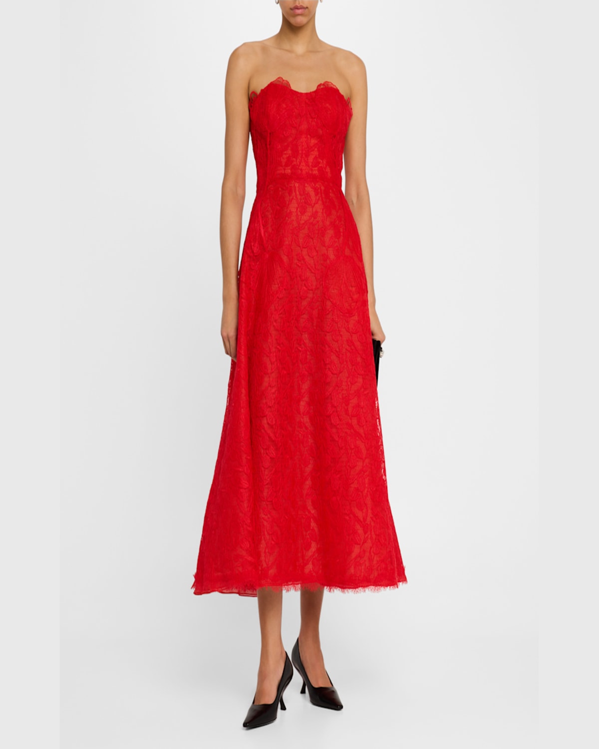 Shop Lela Rose Strapless Tulip Lace Midi Dress In Poppy