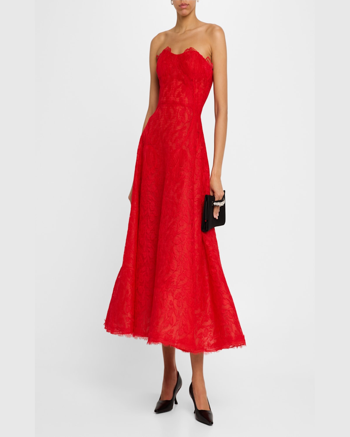 Shop Lela Rose Strapless Tulip Lace Midi Dress In Poppy