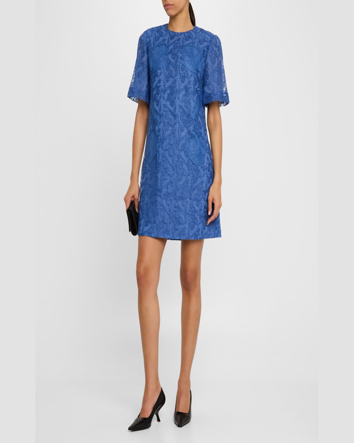 Shop Lela Rose Rachel Tulip Lace Short-sleeve Mini Tunic Dress In Cornflower