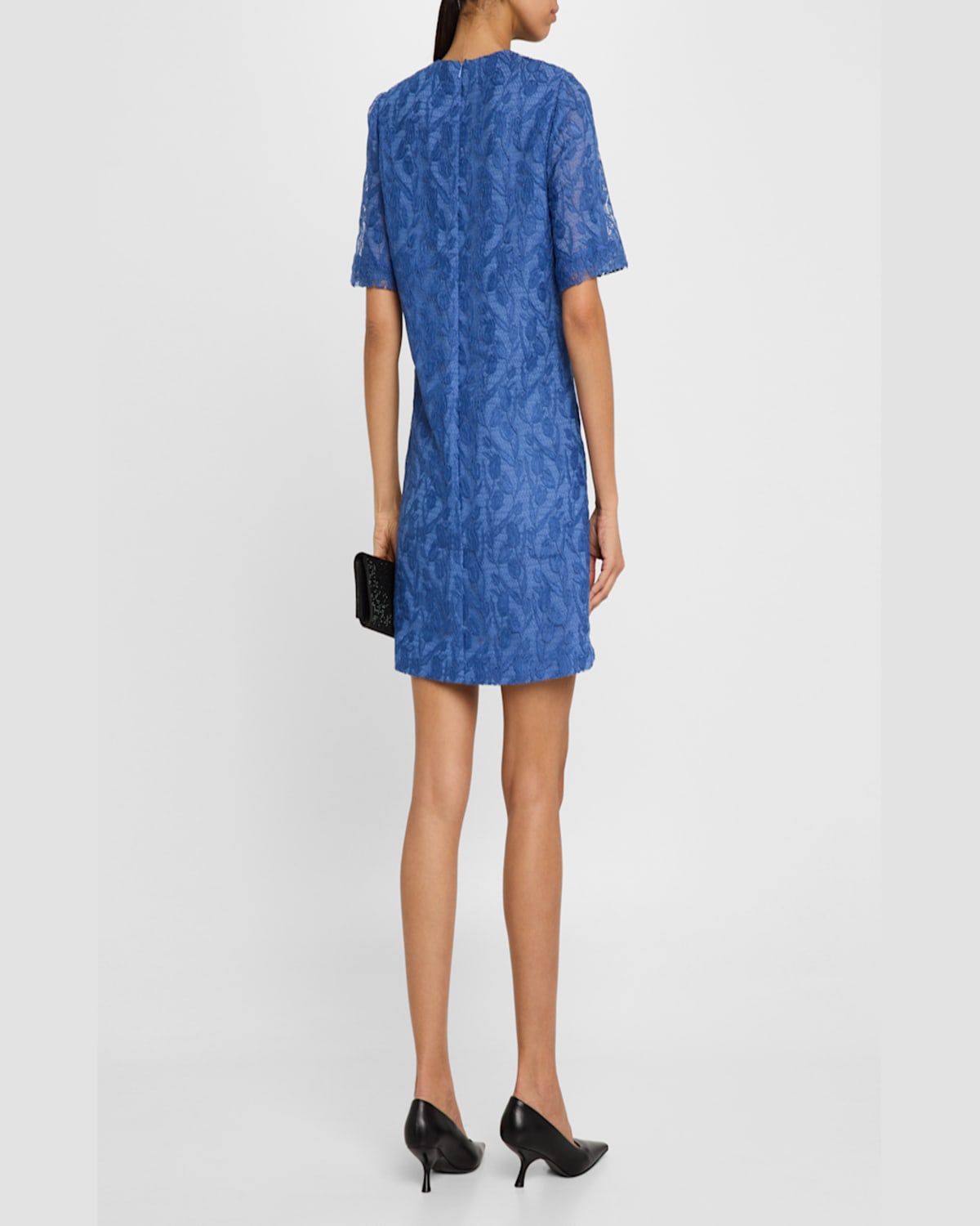 Shop Lela Rose Rachel Tulip Lace Short-sleeve Mini Tunic Dress In Cornflower