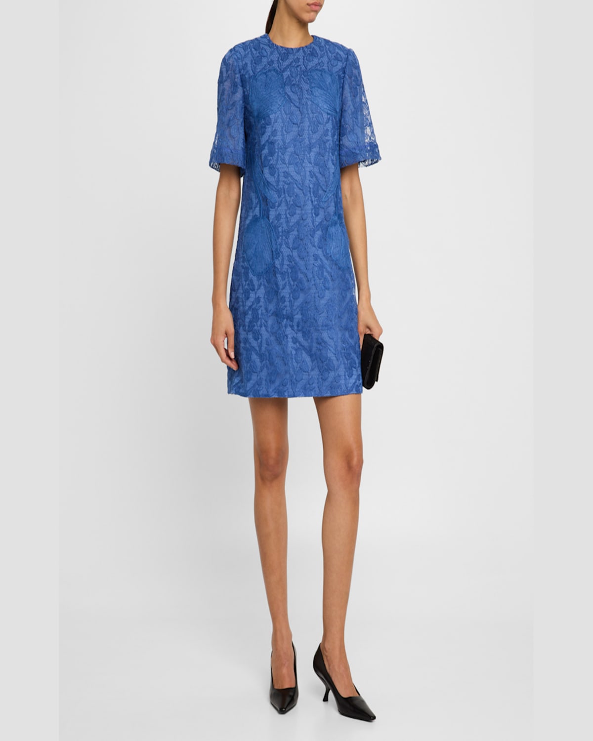Shop Lela Rose Rachel Tulip Lace Short-sleeve Mini Tunic Dress In Cornflower