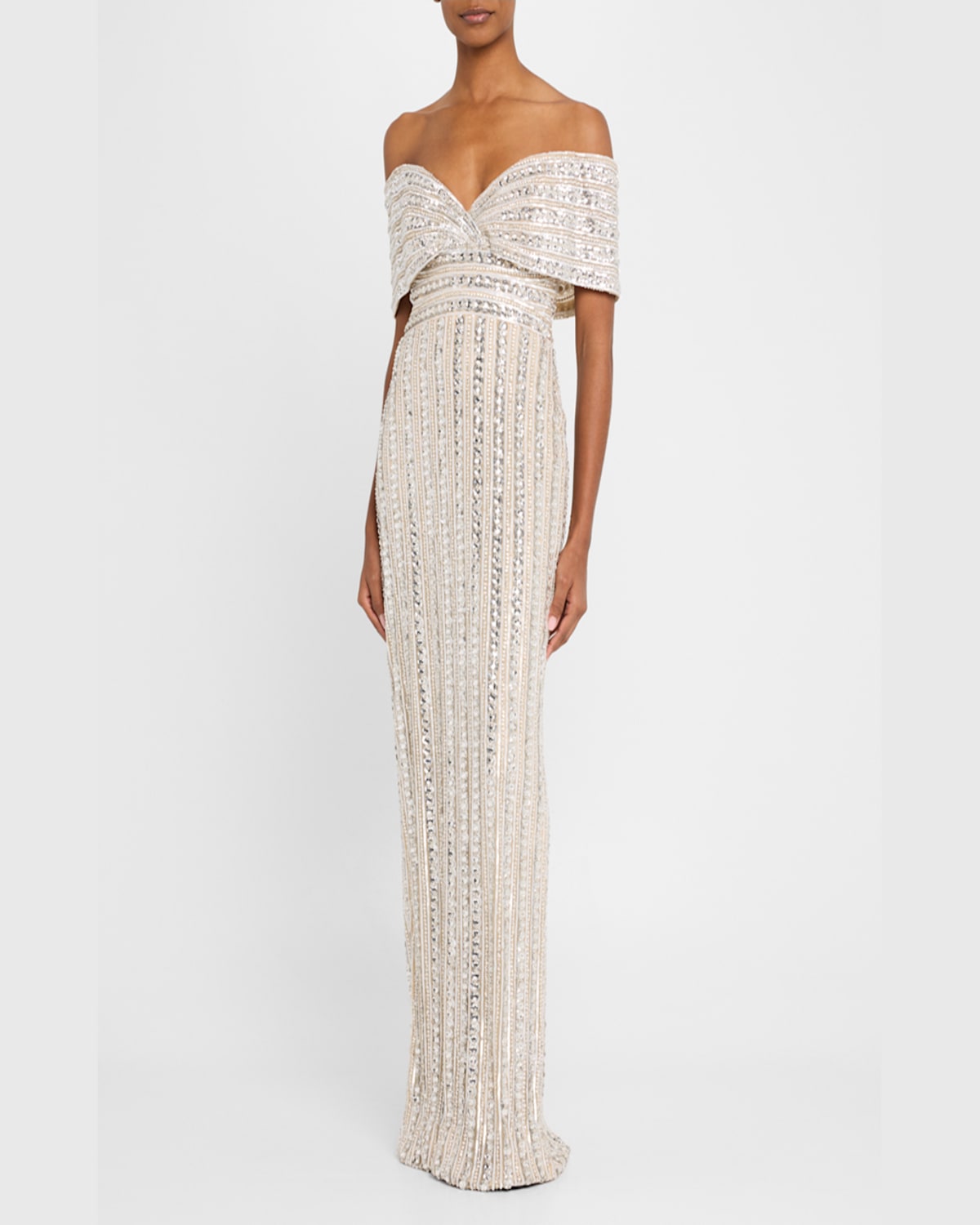 Pamella Roland Embroidered Tulle Off-the-shoulder Gown In Nudemulti