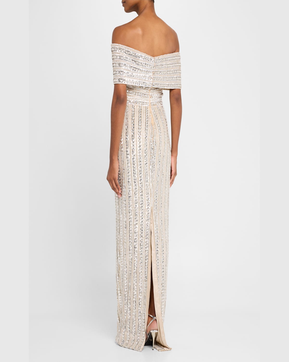 Pamella Roland Embroidered Tulle Off-the-shoulder Gown In Nudemulti