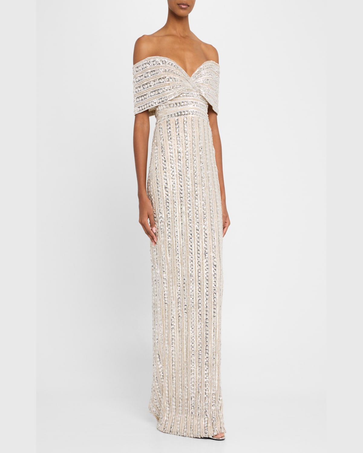 Pamella Roland Embroidered Tulle Off-the-shoulder Gown In Nudemulti