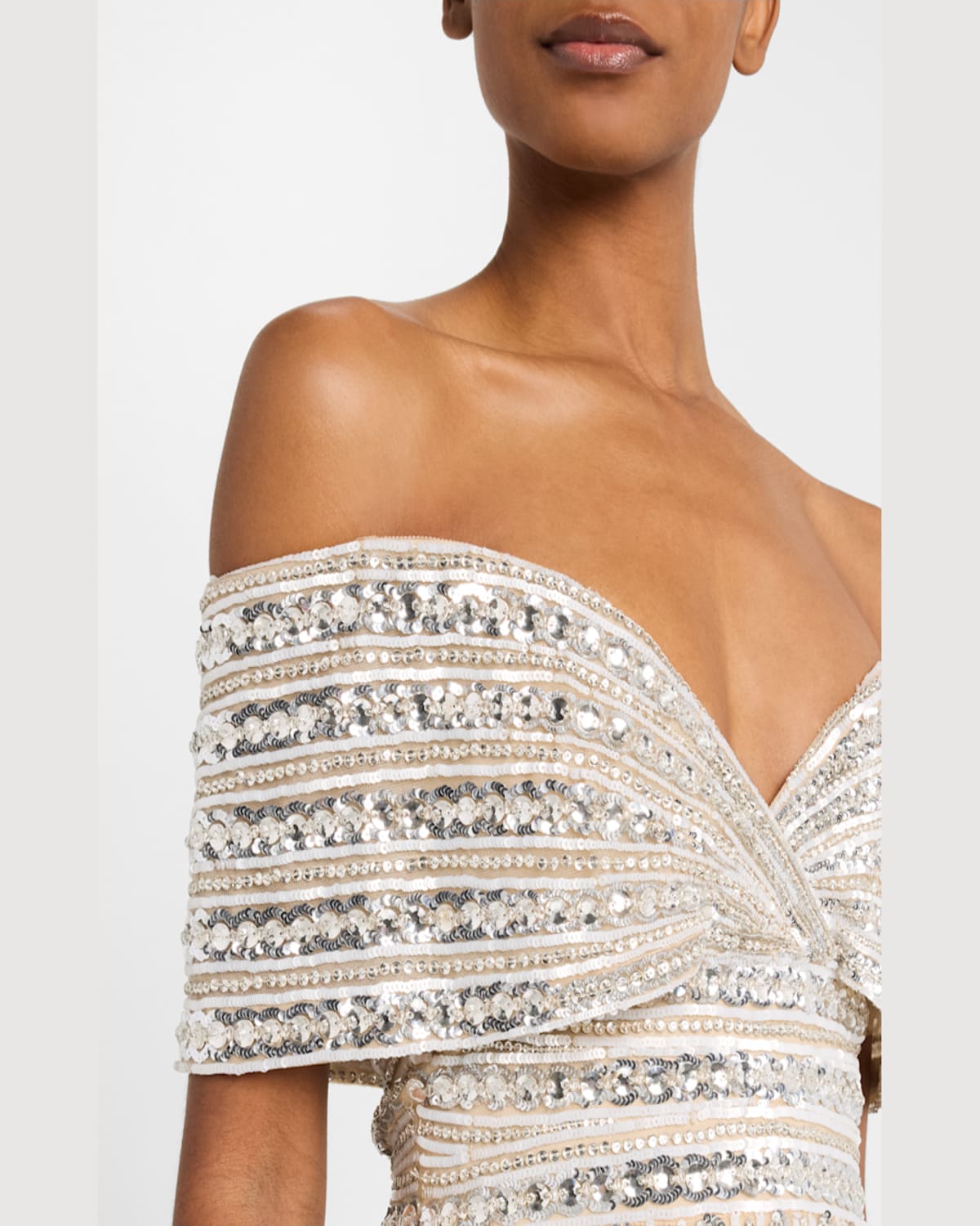 Pamella Roland Embroidered Tulle Off-the-shoulder Gown In Nudemulti
