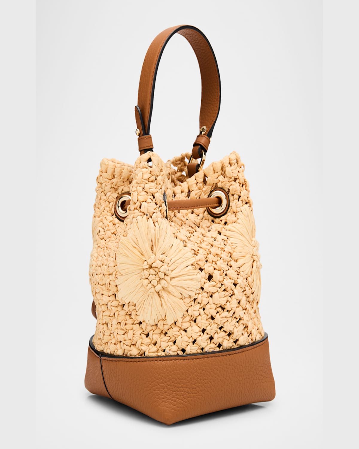 Strathberry Osette Floral Raffia Bucket Bag In Tan