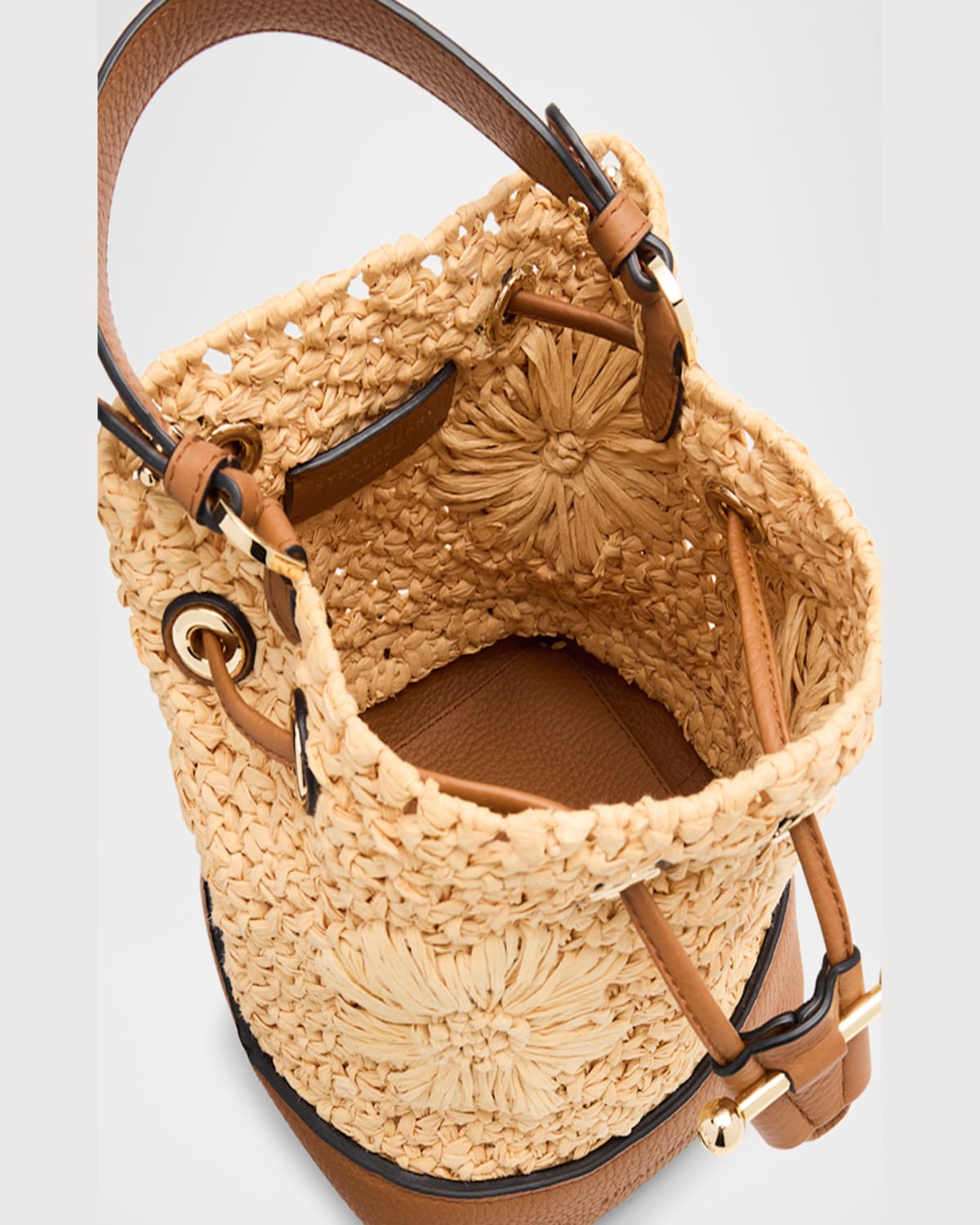 Strathberry Osette Floral Raffia Bucket Bag In Tan
