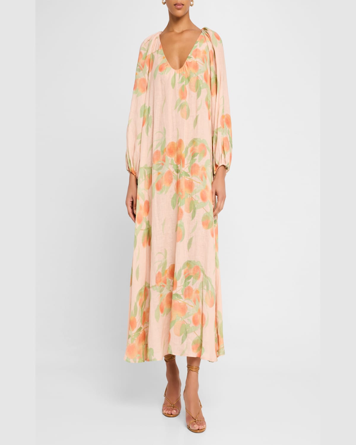 Bernadette Georgette Printed Linen Midi Dress In Peach Tree Peach