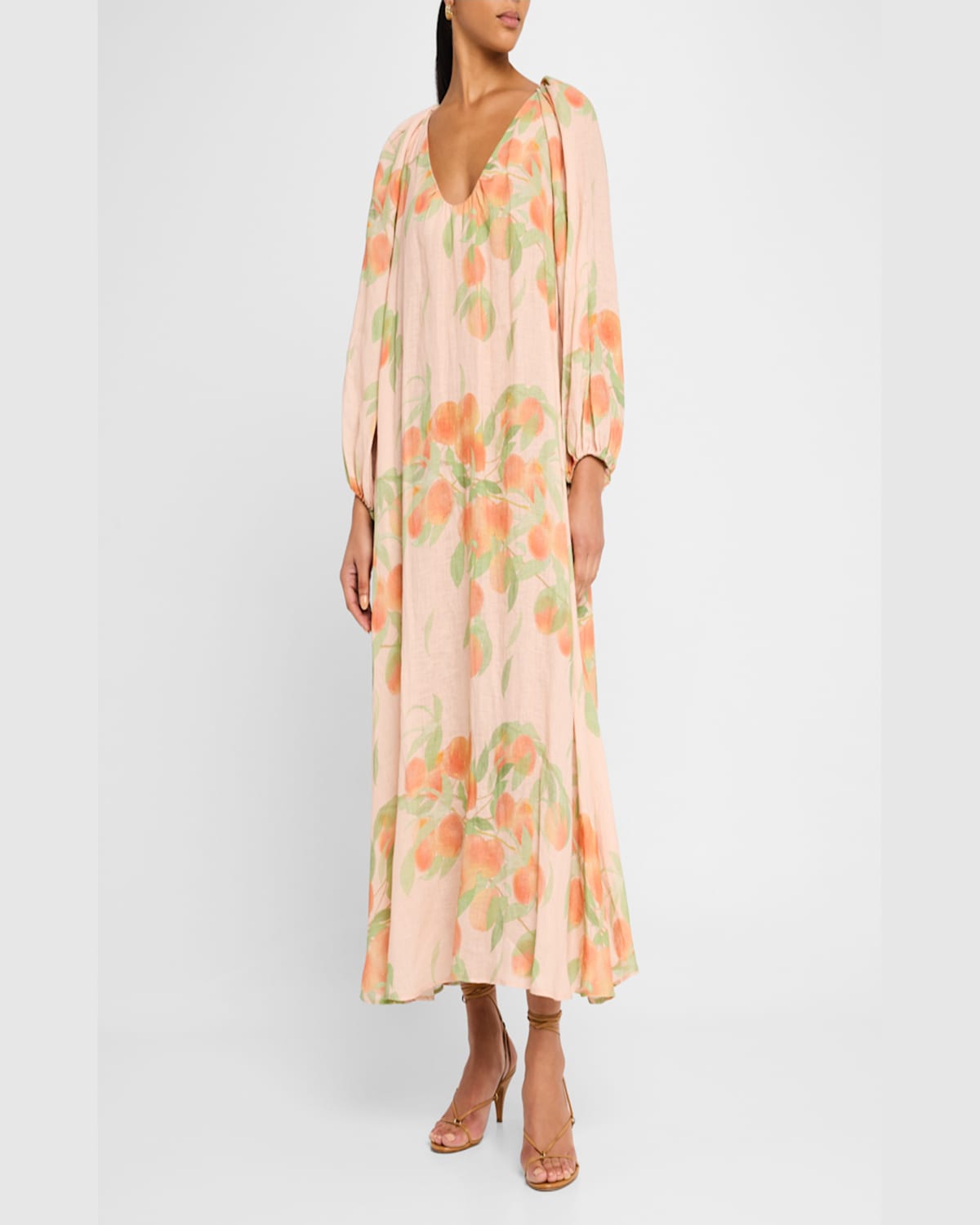 Bernadette Georgette Printed Linen Midi Dress In Peach Tree Peach