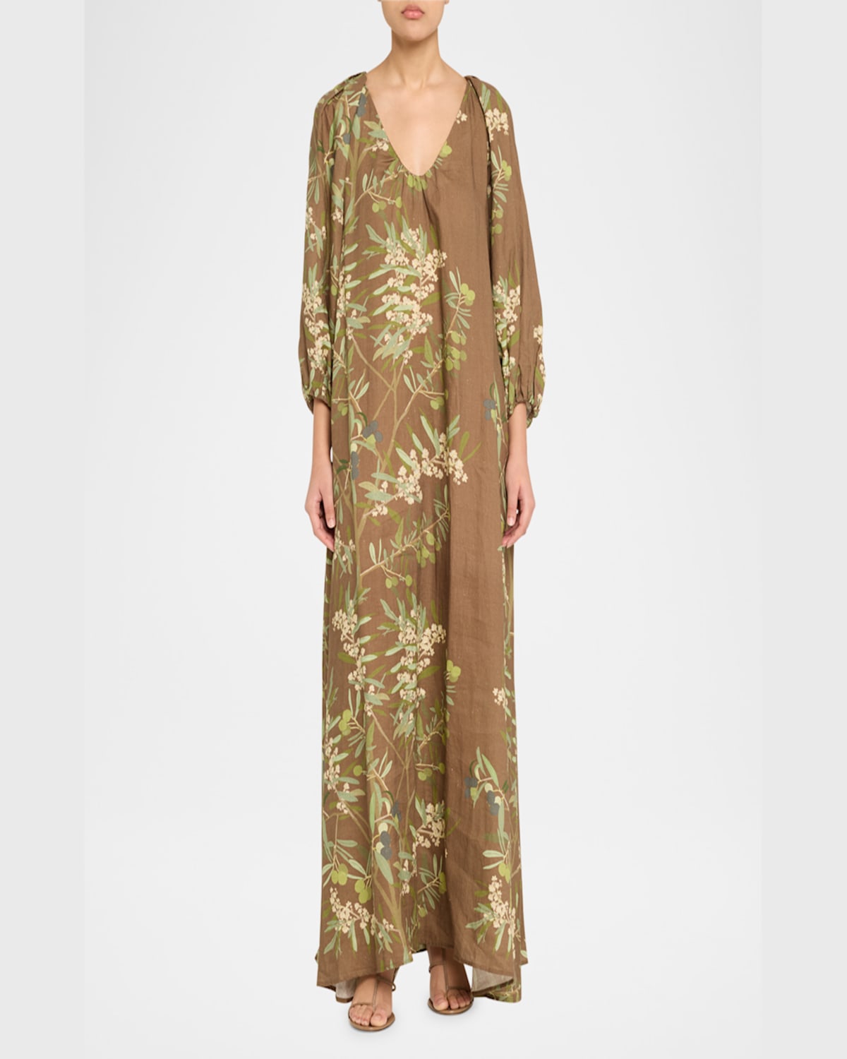 Bernadette Georgio Draped Floral-print Linen Maxi Dress In Olive Tree - Chocolate