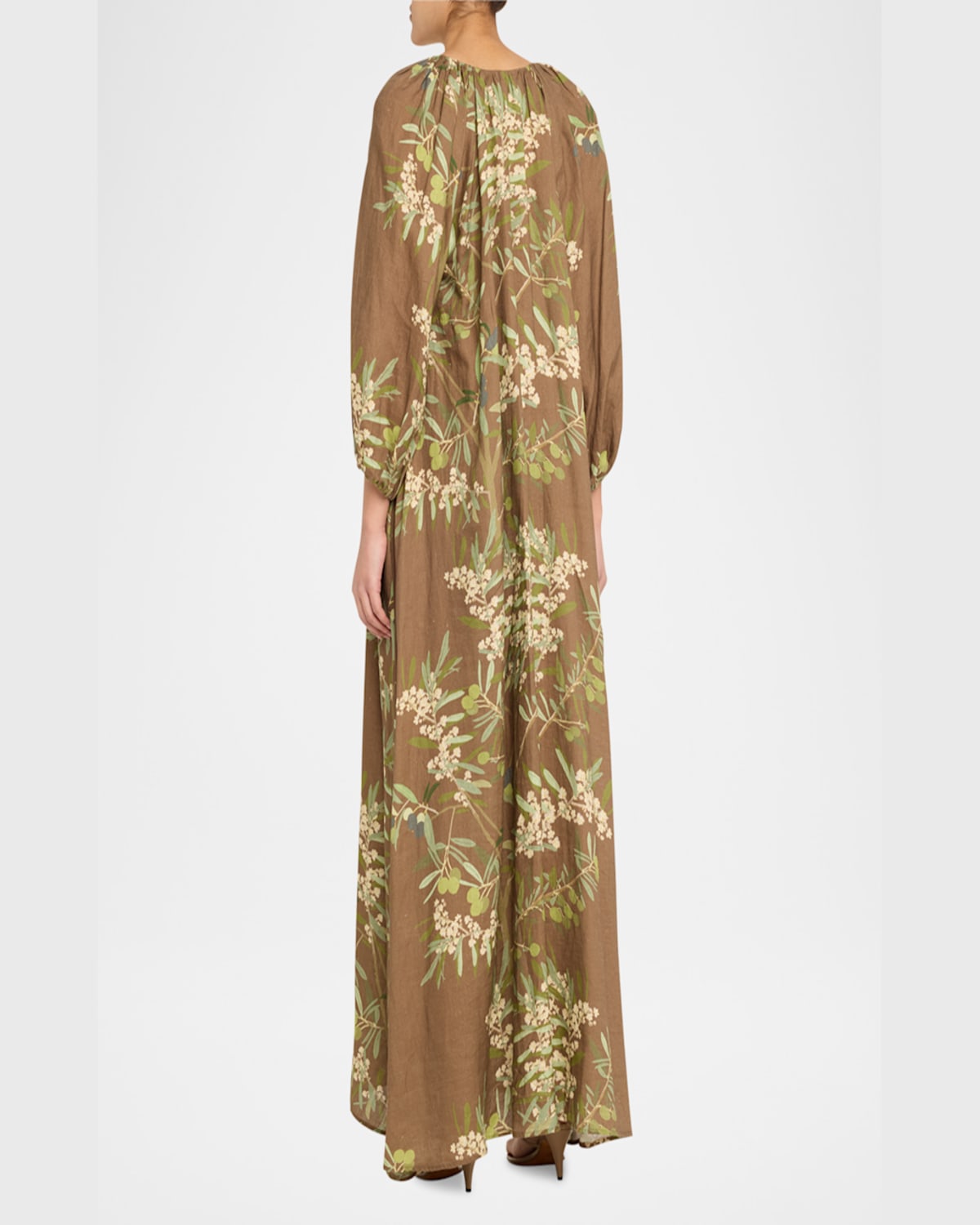 Bernadette Georgio Draped Floral-print Linen Maxi Dress In Olive Tree - Chocolate