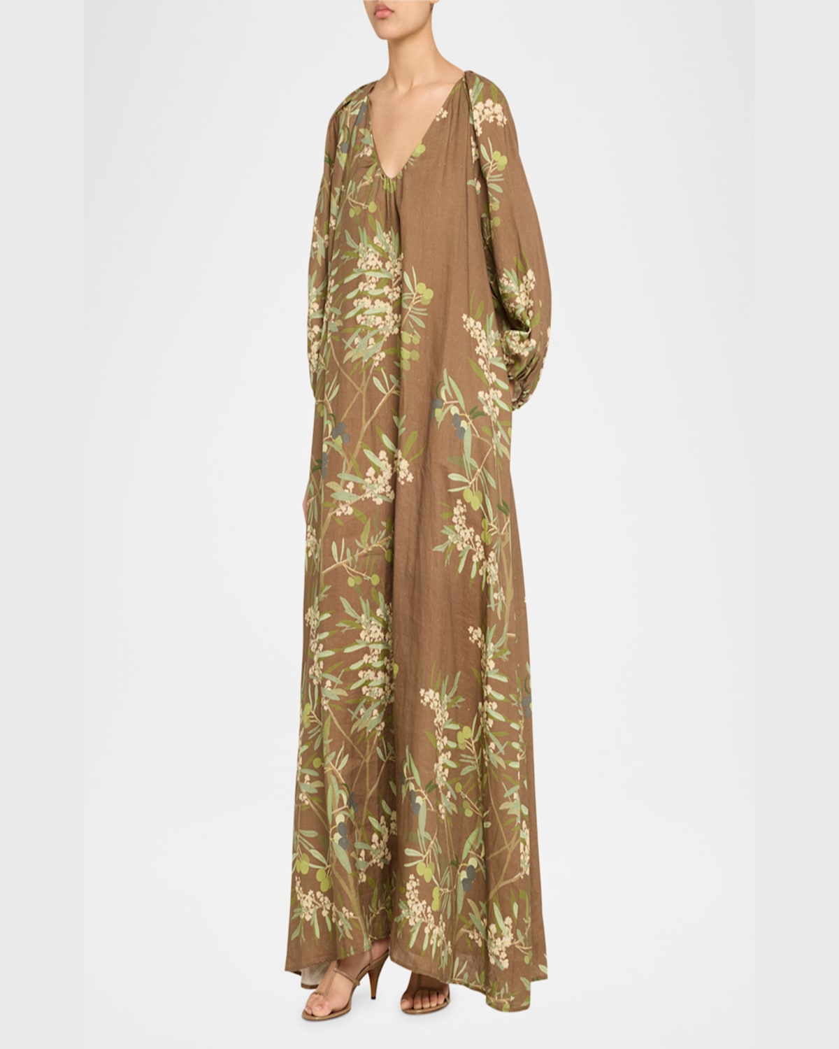 Bernadette Georgio Draped Floral-print Linen Maxi Dress In Olive Tree - Chocolate
