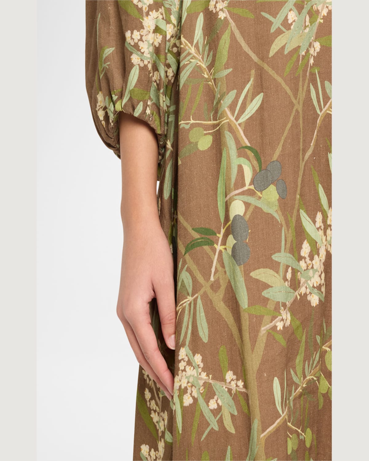 Bernadette Georgio Draped Floral-print Linen Maxi Dress In Olive Tree - Chocolate