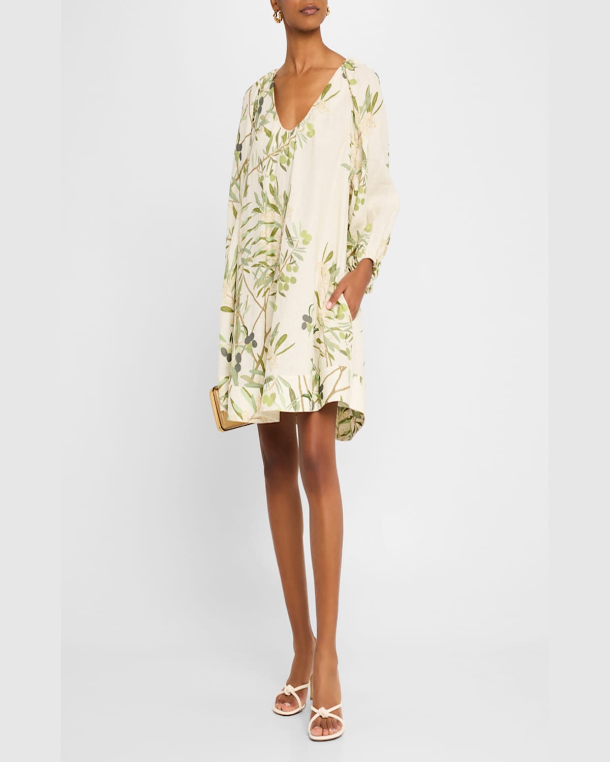 Bernadette Flowy Puff-sleeve Printed Linen Mini Dress In Olive Tree-butter
