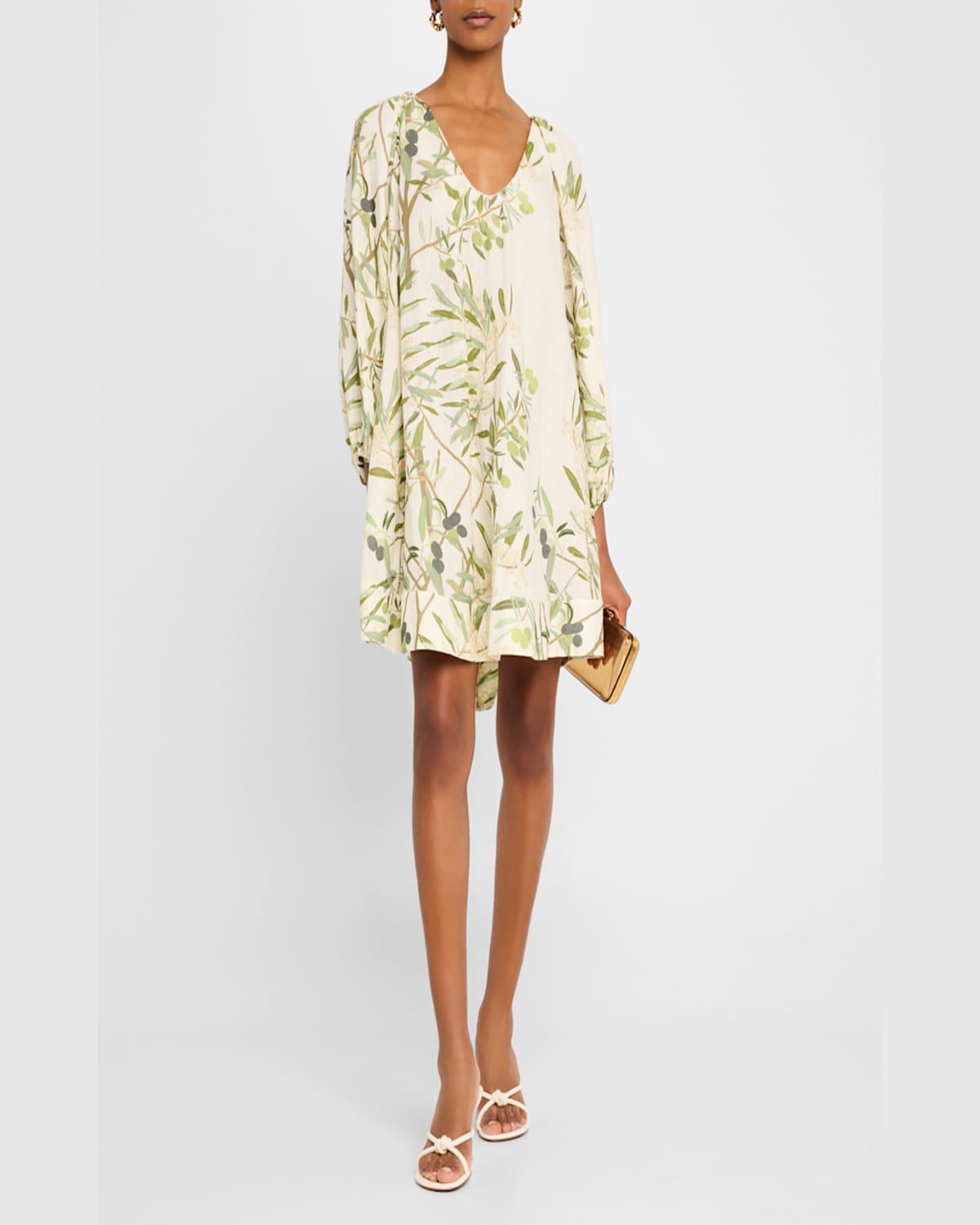 Bernadette Flowy Puff-sleeve Printed Linen Mini Dress In Olive Tree-butter