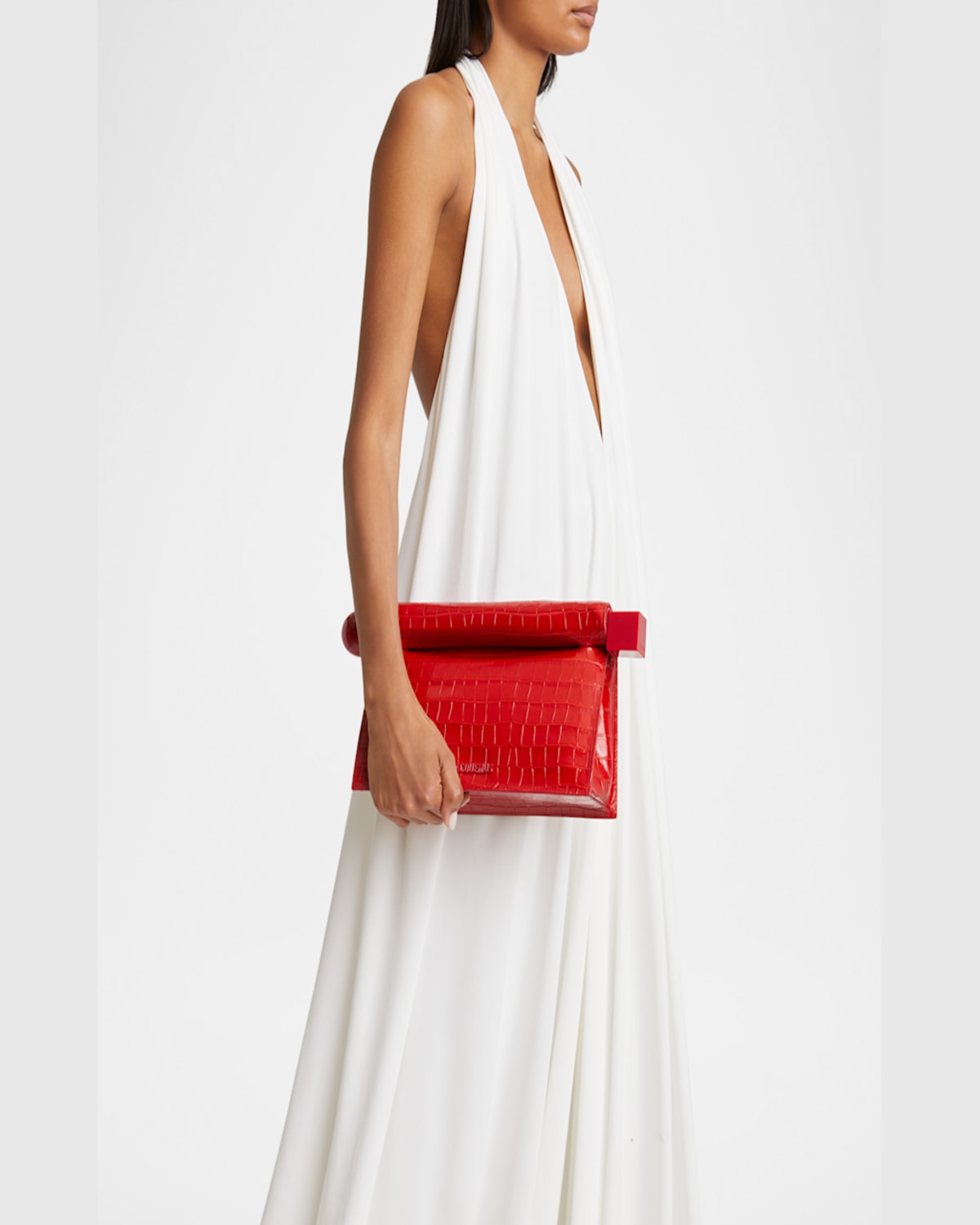 Jacquemus La Pochette Rond Croc-embossed Clutch Bag In Black