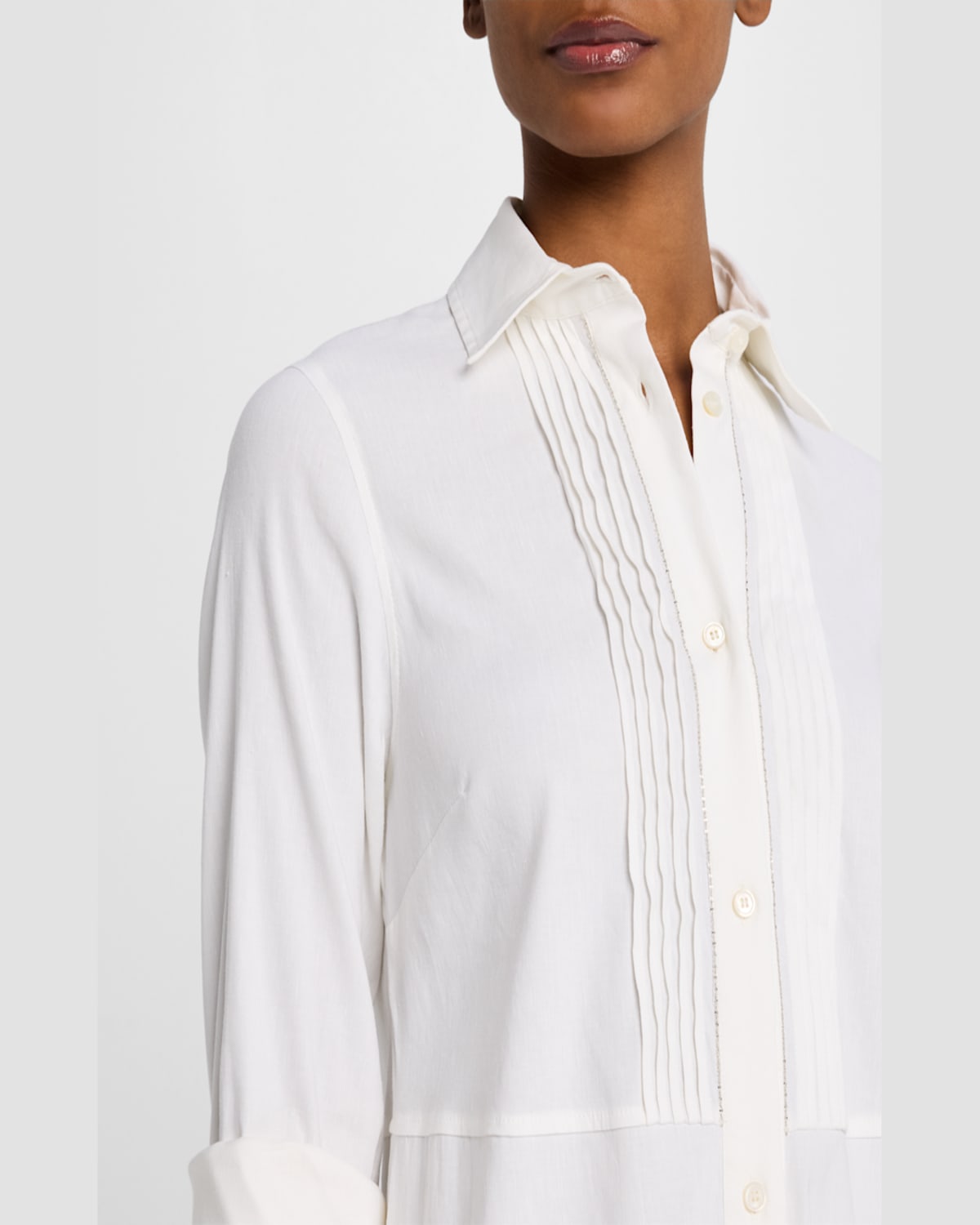 Shop Fabiana Filippi Pintuck Stretch Linen-viscose Midi Shirtdress In Bianco Ottico