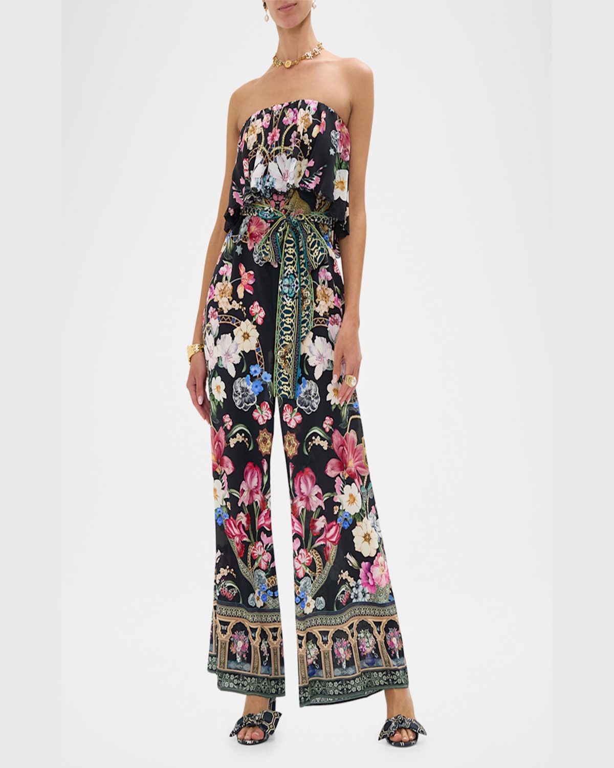 Camilla Strapless Embellished Printed Silk Crepe De Chine Jumpsuit In Midnight In Monserrate