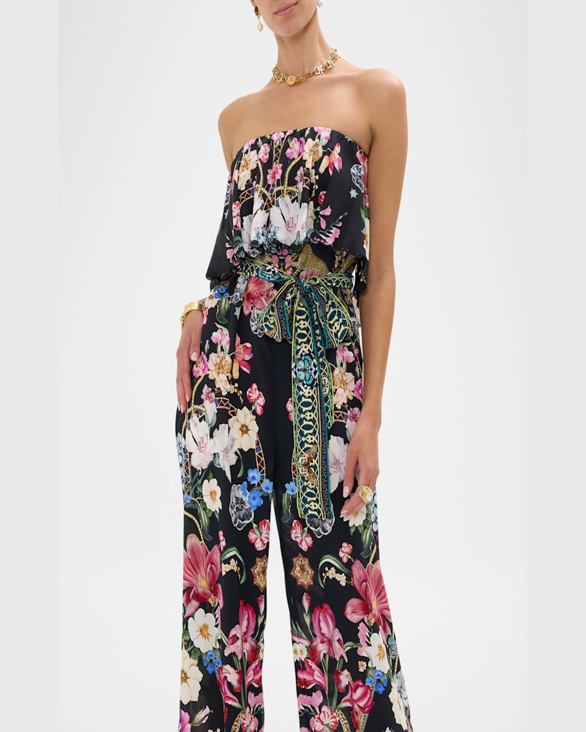 Camilla Strapless Embellished Printed Silk Crepe De Chine Jumpsuit In Midnight In Monserrate