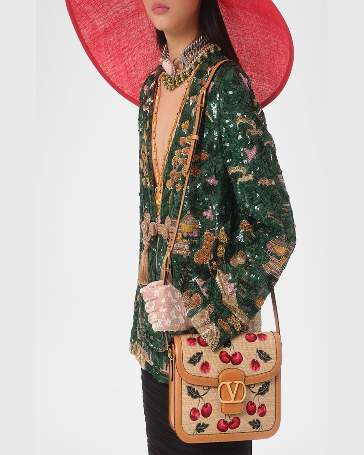 Valentino 9t05 Cherry-jacquard Raffia And Leather Cross-body Bag In Multi Natural Camel