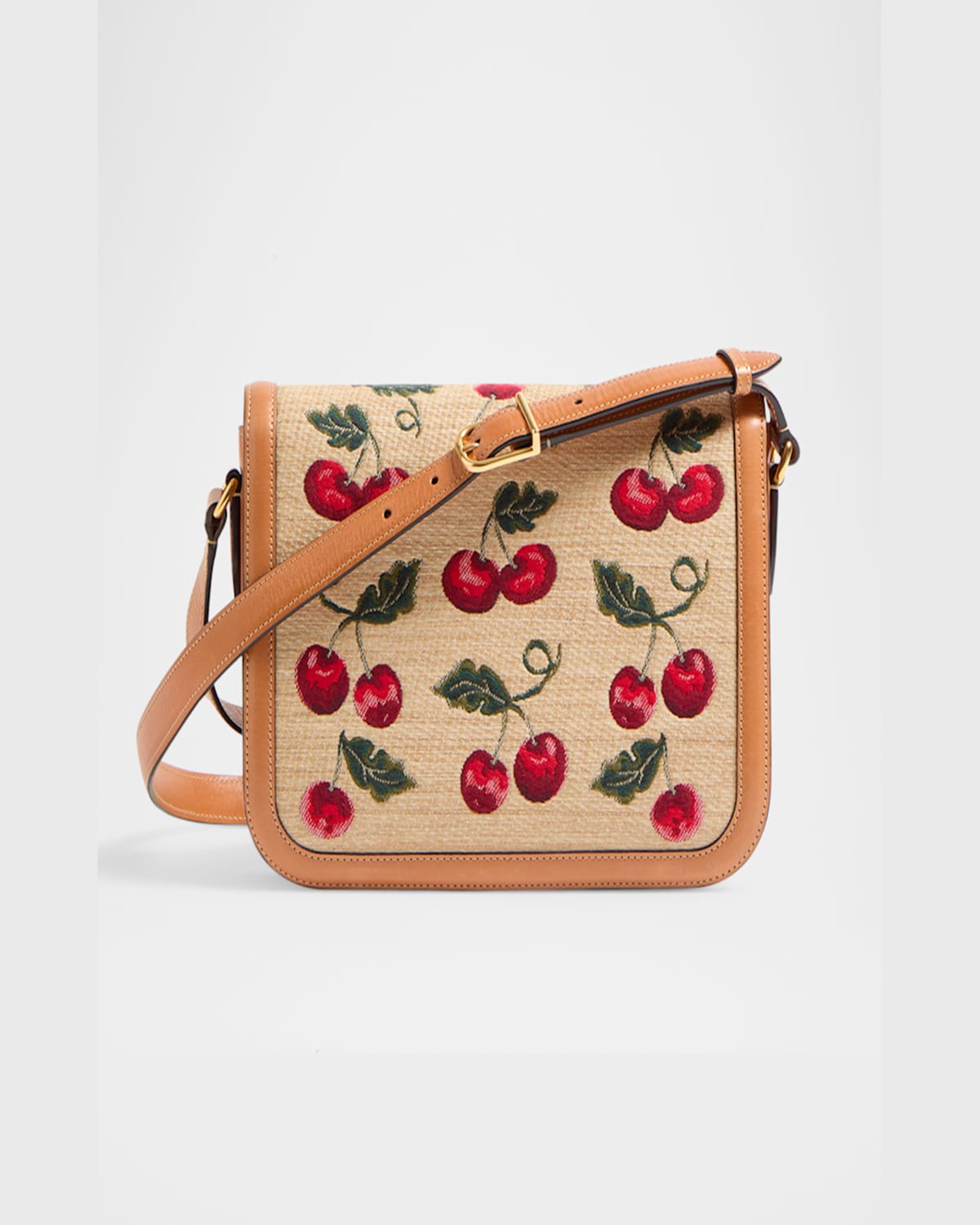 Valentino 9t05 Cherry-jacquard Raffia And Leather Cross-body Bag In Multi Natural Camel