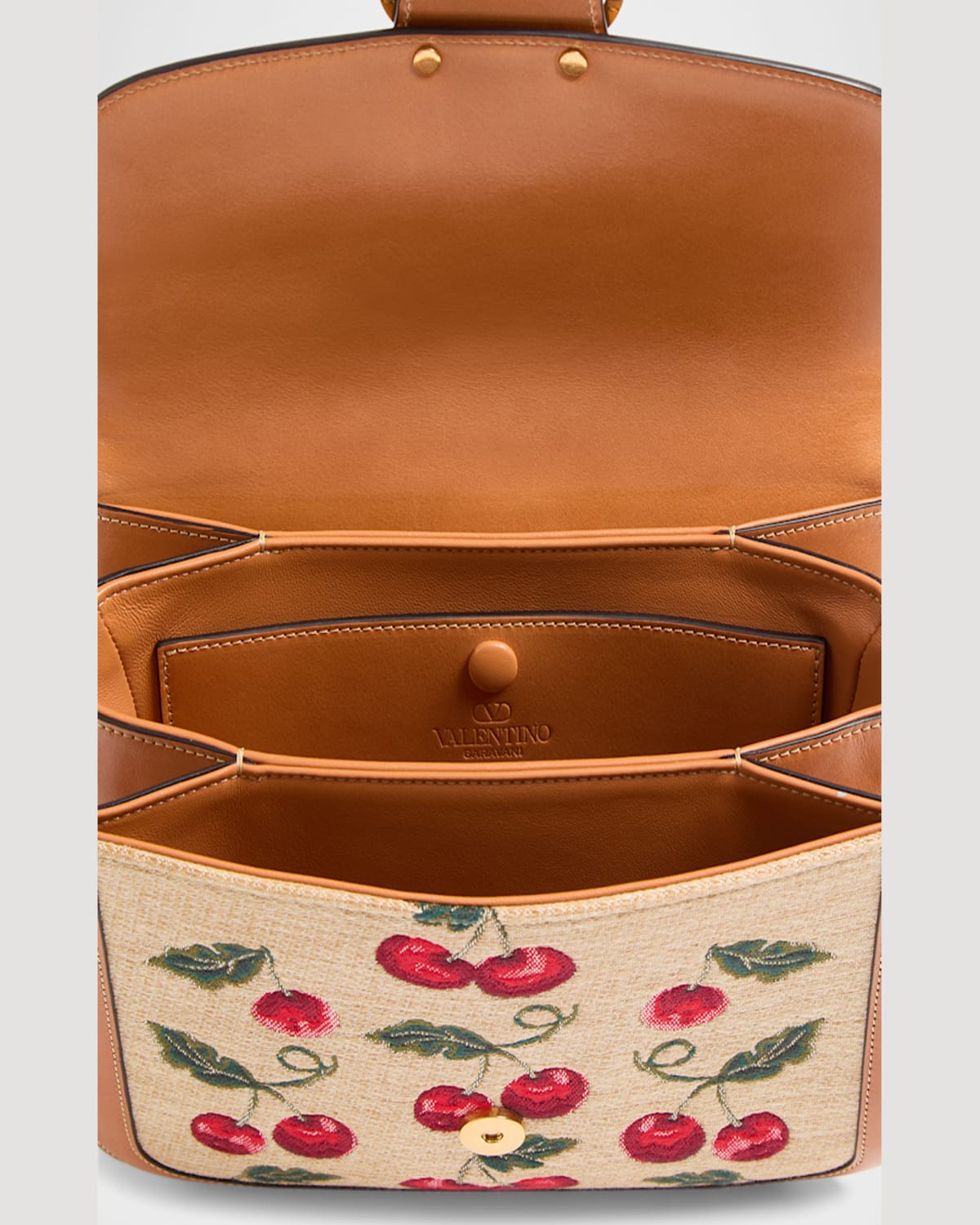 Valentino 9t05 Cherry-jacquard Raffia And Leather Cross-body Bag In Multi Natural Camel