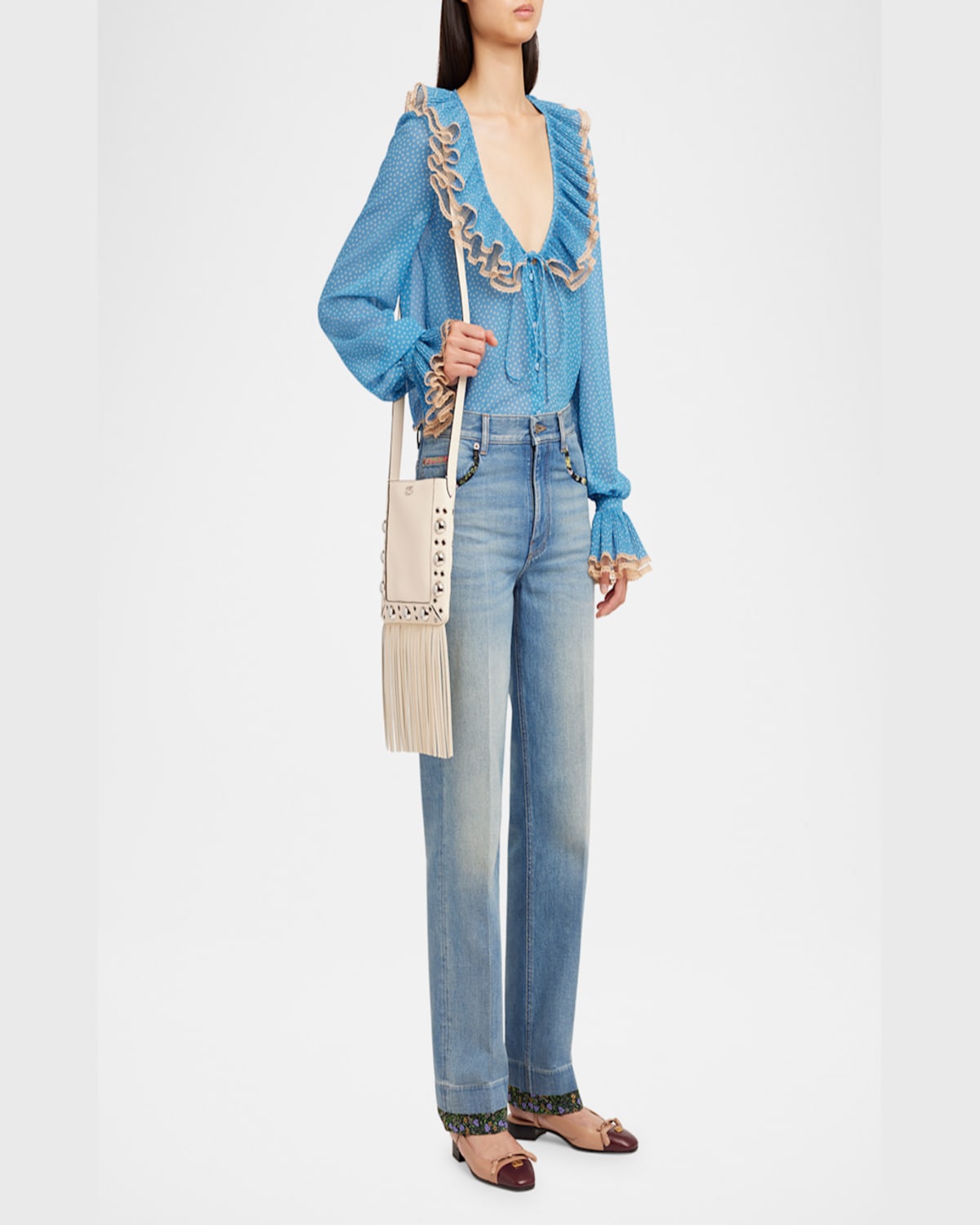 Valentino Nellcote Small Fringe Studded Leather Crossbody Bag In Light Ivory