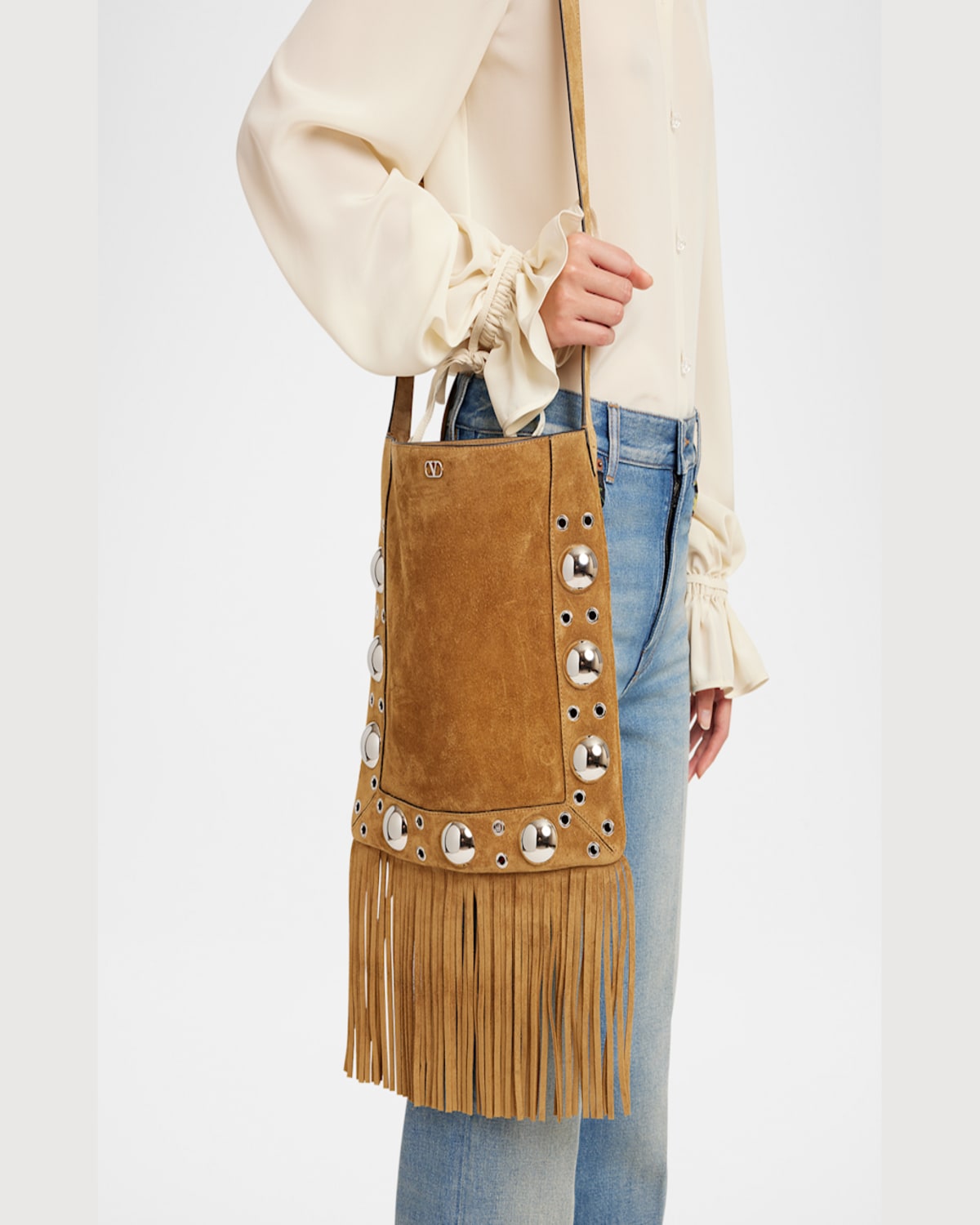 Shop Valentino Nellcote Fringe Studded Suede Crossbody Bag In Havana Beige