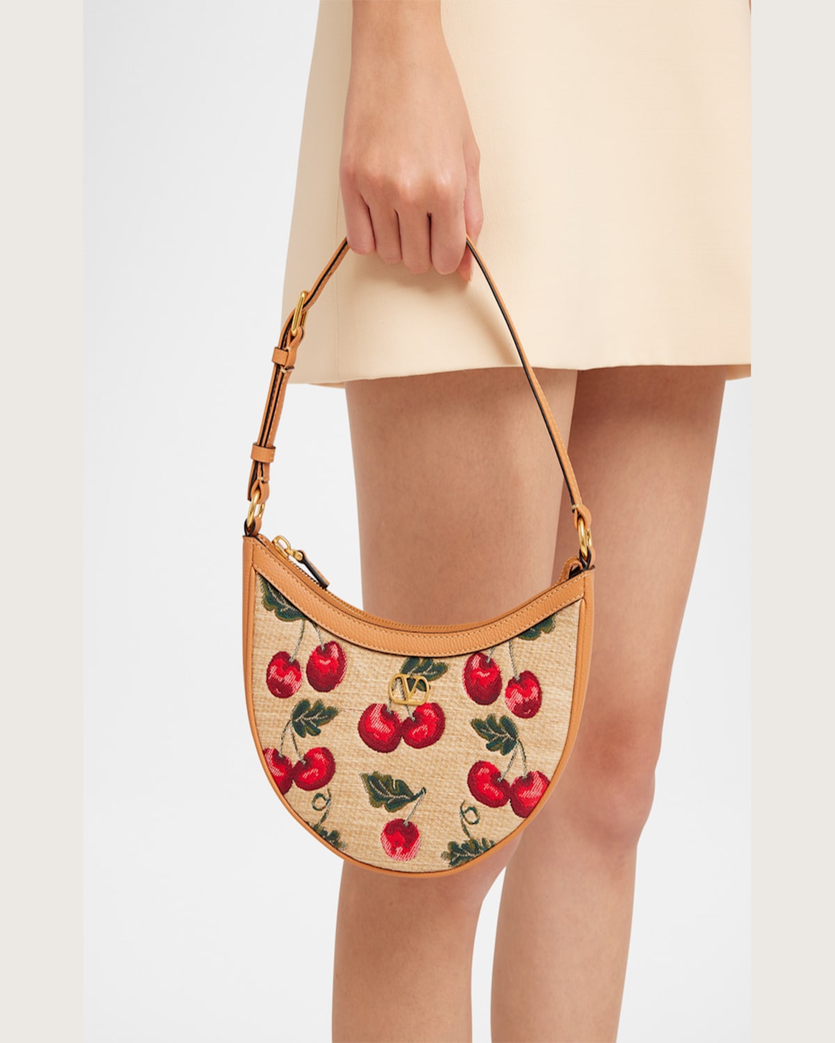 Valentino Vlogo Signature Mini Cherries Jacquard Shoulder Bag In Naturale Multi