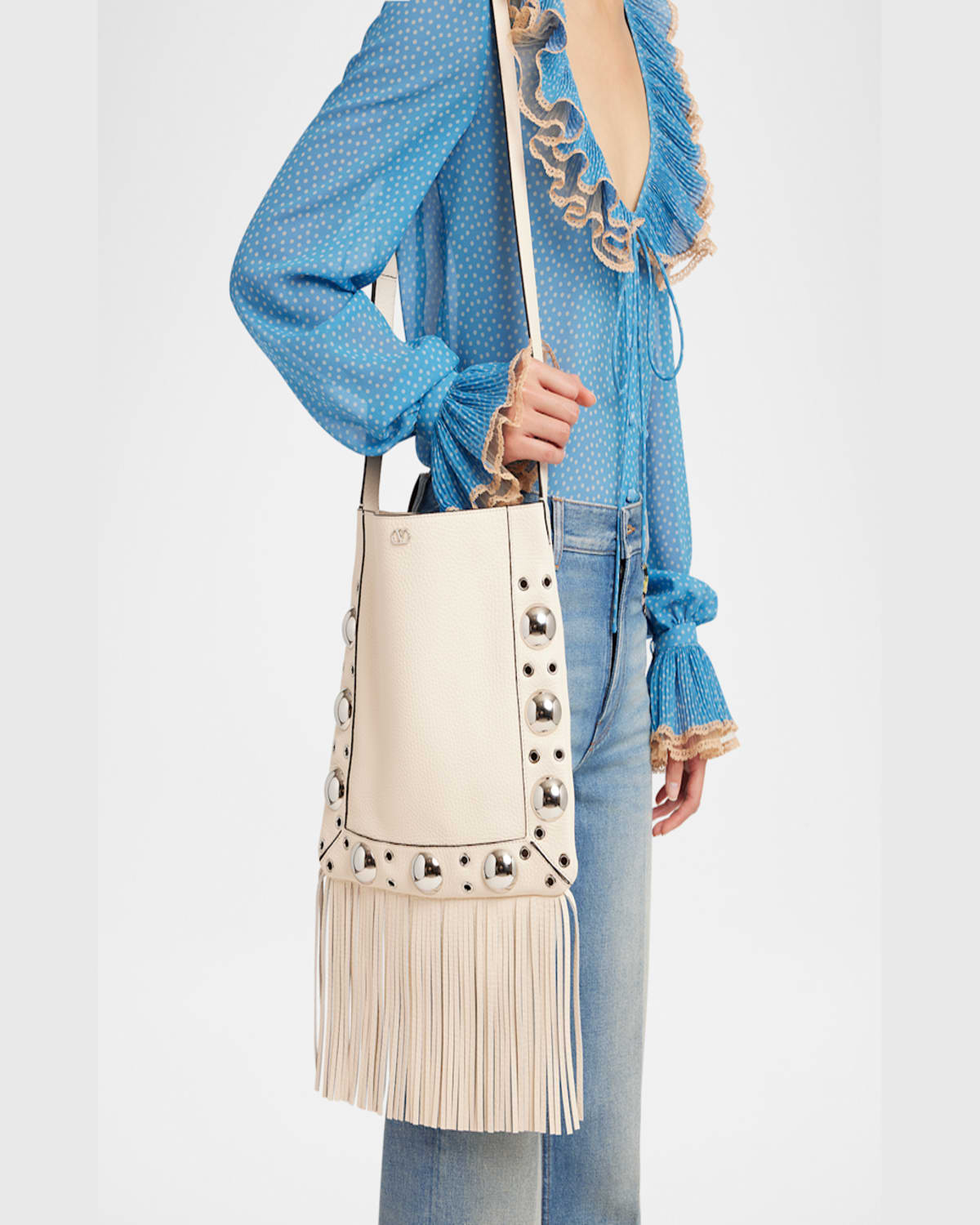 Valentino Nellcote Small Fringe Studded Leather Crossbody Bag In Light Ivory