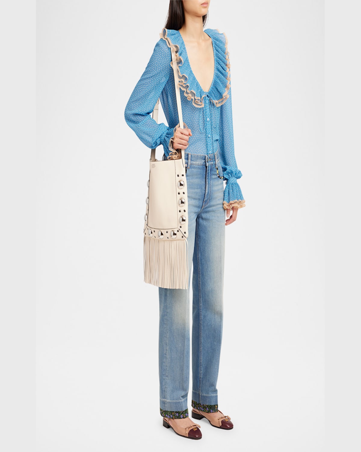Valentino Nellcote Small Fringe Studded Leather Crossbody Bag In Light Ivory
