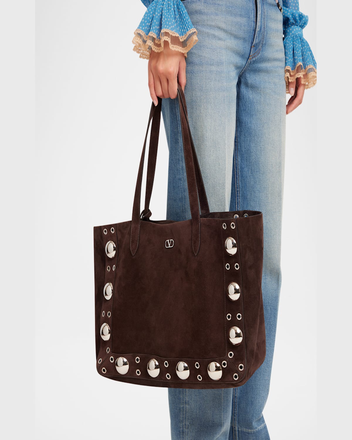 Valentino Nellcote Studded Suede Tote Bag In Testa Di Moro