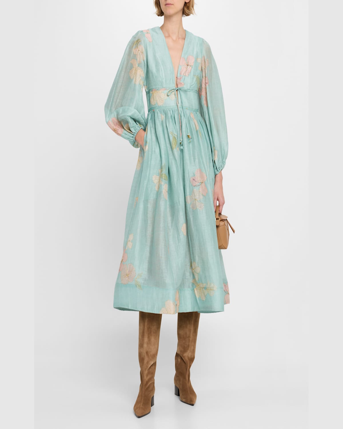 Shop Zimmermann Illuminate Drawn Billow Dress In Mint Hibiscus