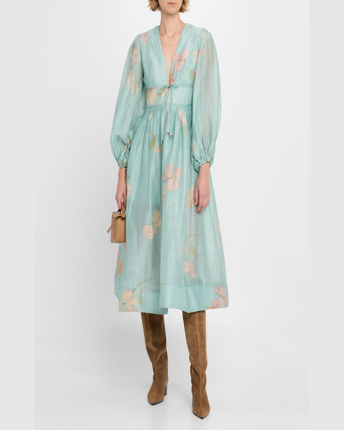 Shop Zimmermann Illuminate Drawn Billow Dress In Mint Hibiscus