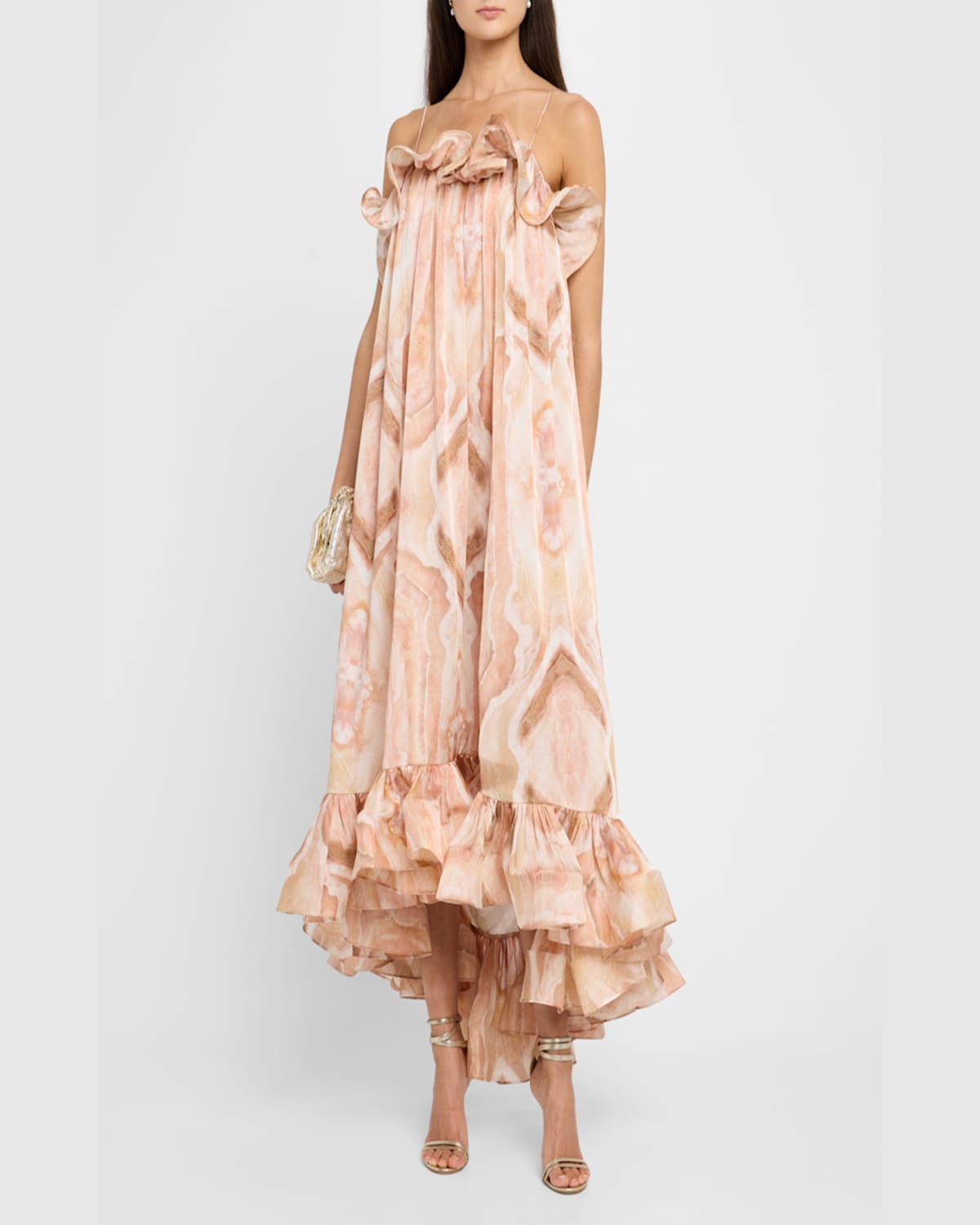 Zimmermann Illuminate Printed Ruffled Silk-satin Gown In Guava Agate