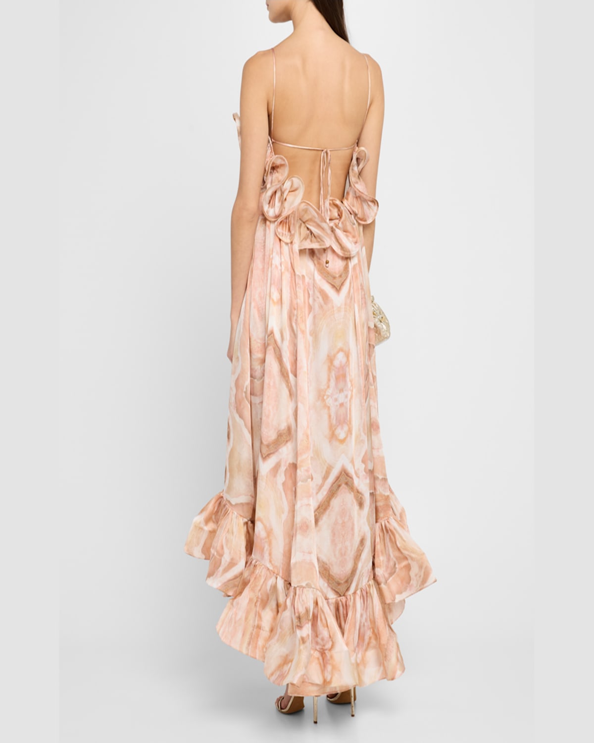 Zimmermann Illuminate Printed Ruffled Silk-satin Gown In Guava Agate
