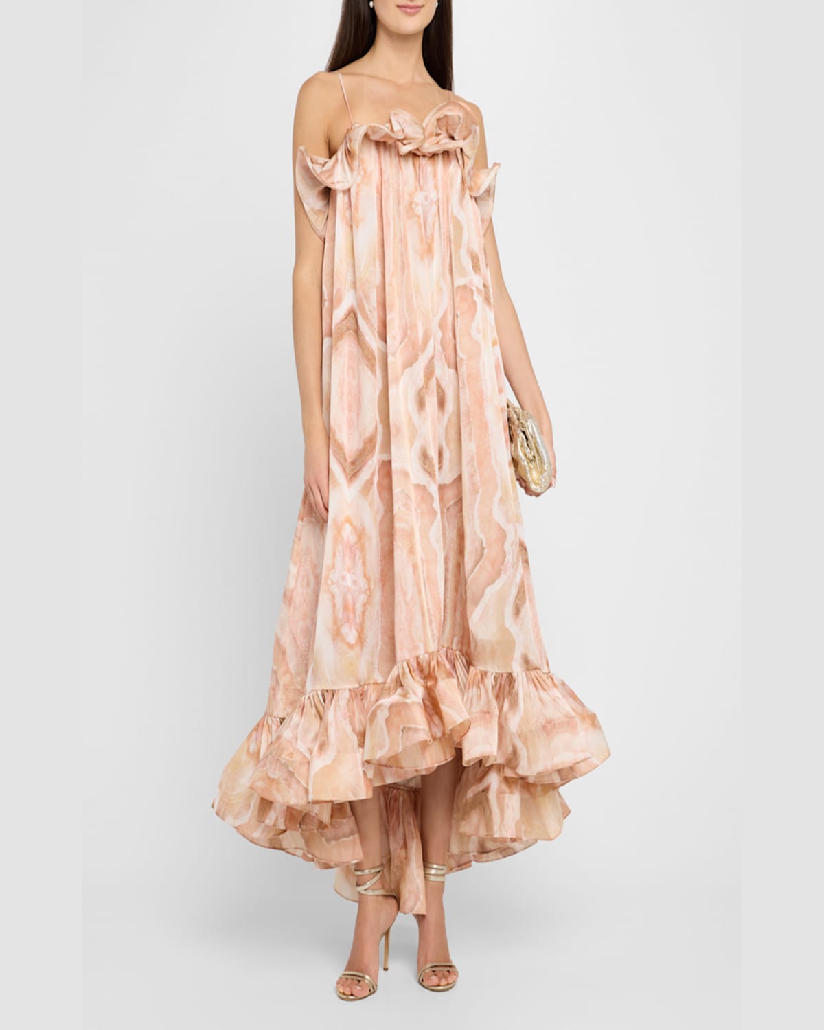 Zimmermann Illuminate Printed Ruffled Silk-satin Gown In Guava Agate