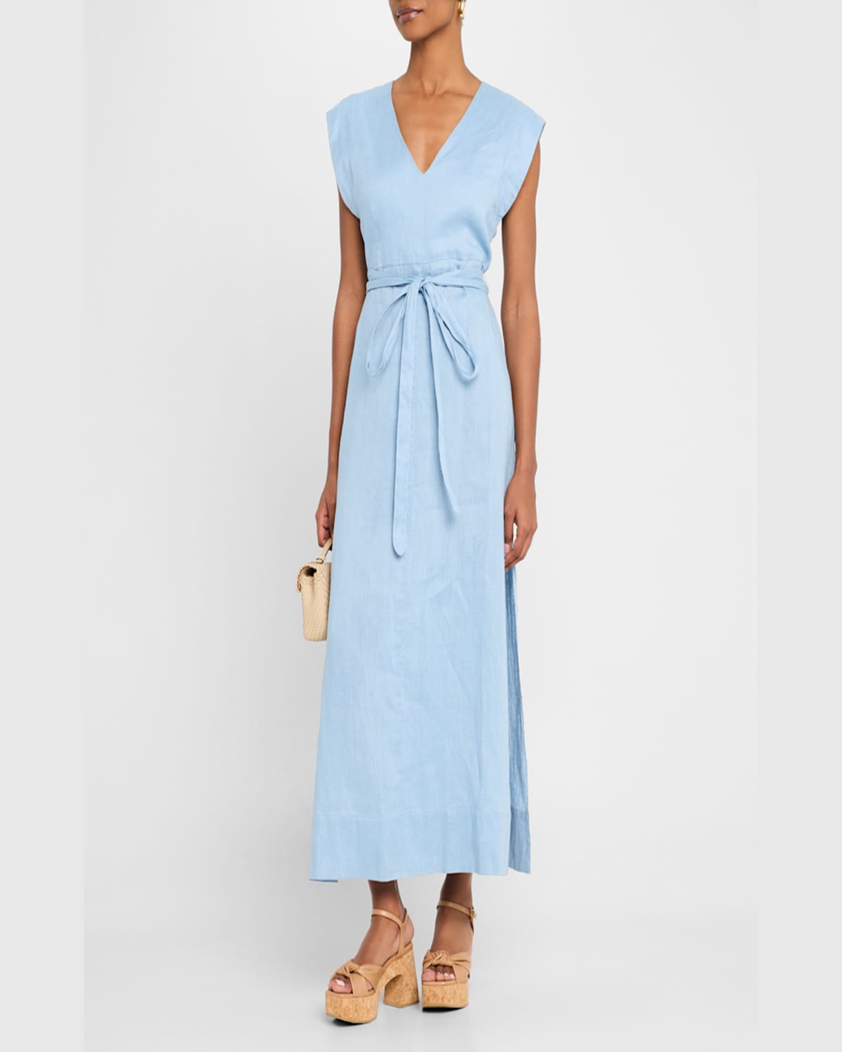 Finley Beverly Tie-waist Washed Linen Midi Dress In Fresh Blue