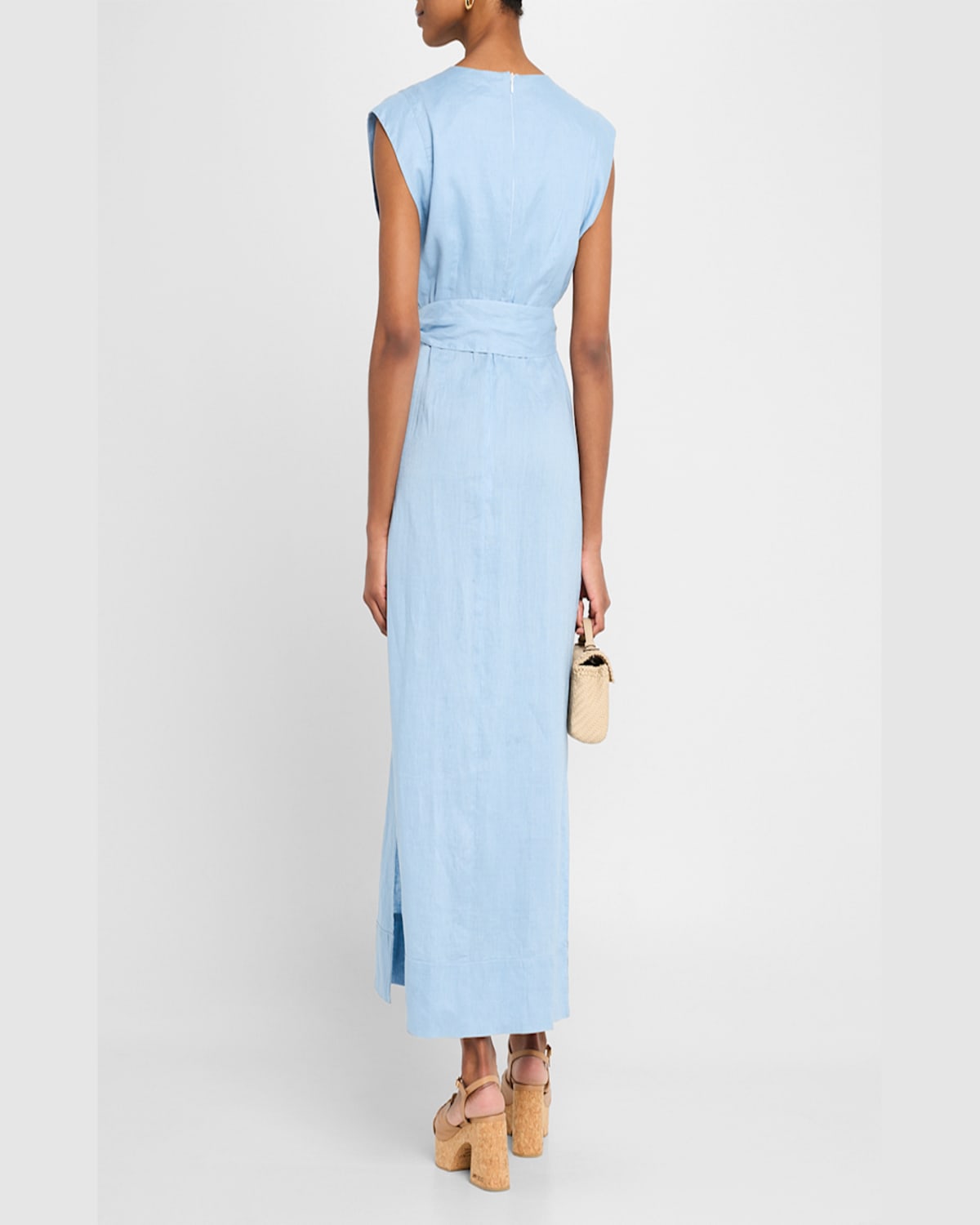 Finley Beverly Tie-waist Washed Linen Midi Dress In Fresh Blue
