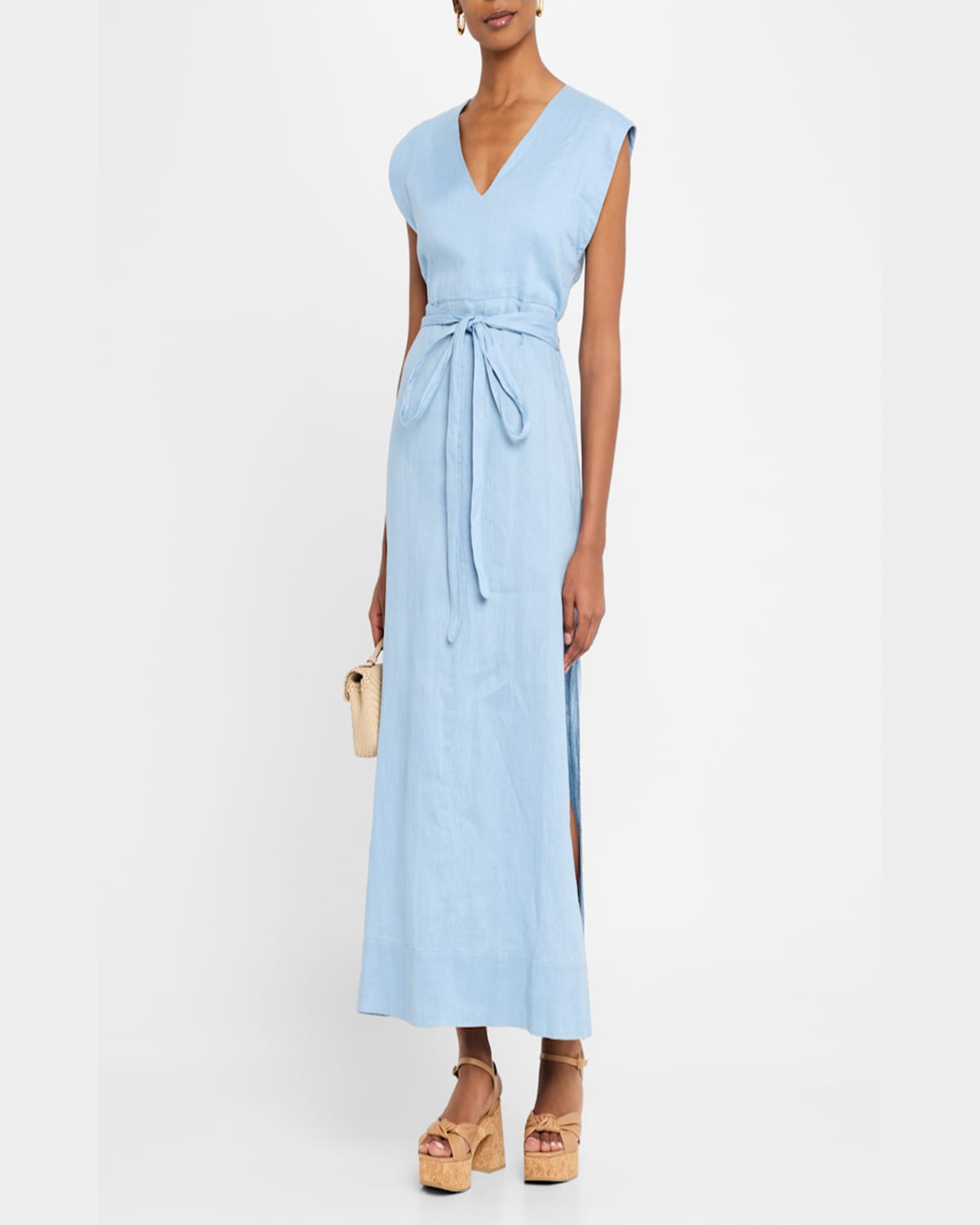 Finley Beverly Tie-waist Washed Linen Midi Dress In Fresh Blue