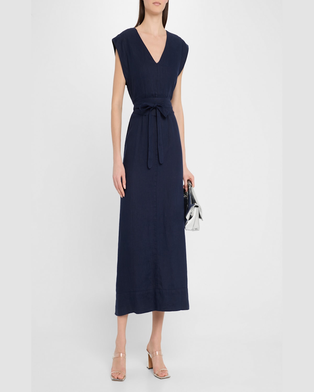 Finley Beverly Tie-waist Washed Linen Midi Dress In Fresh Blue