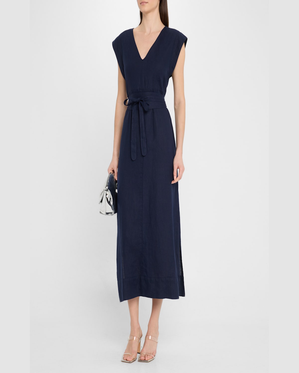 Finley Beverly Tie-waist Washed Linen Midi Dress In Fresh Blue