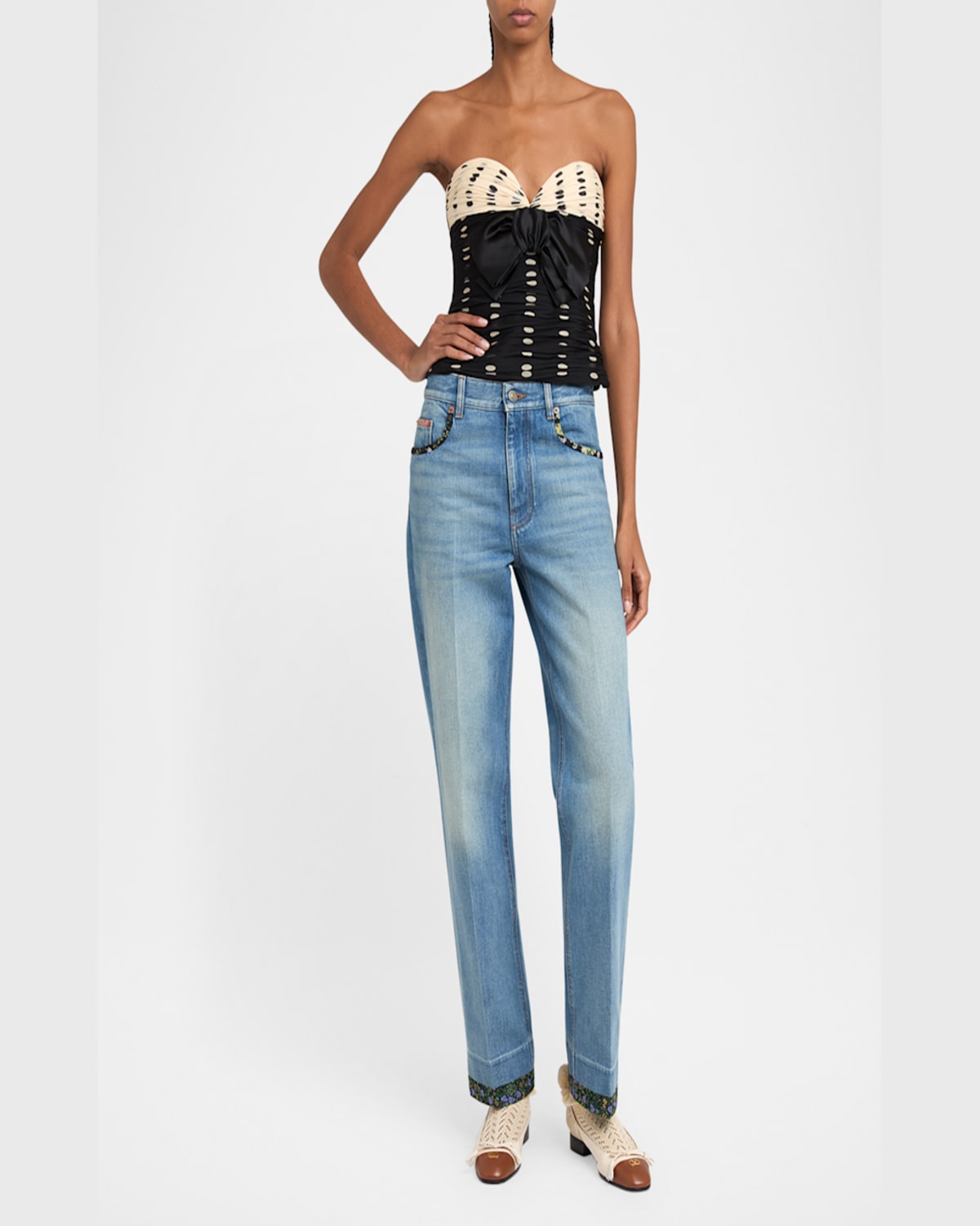 Valentino Straight-fit Denim Pants With Colorful Embellishments In Denim